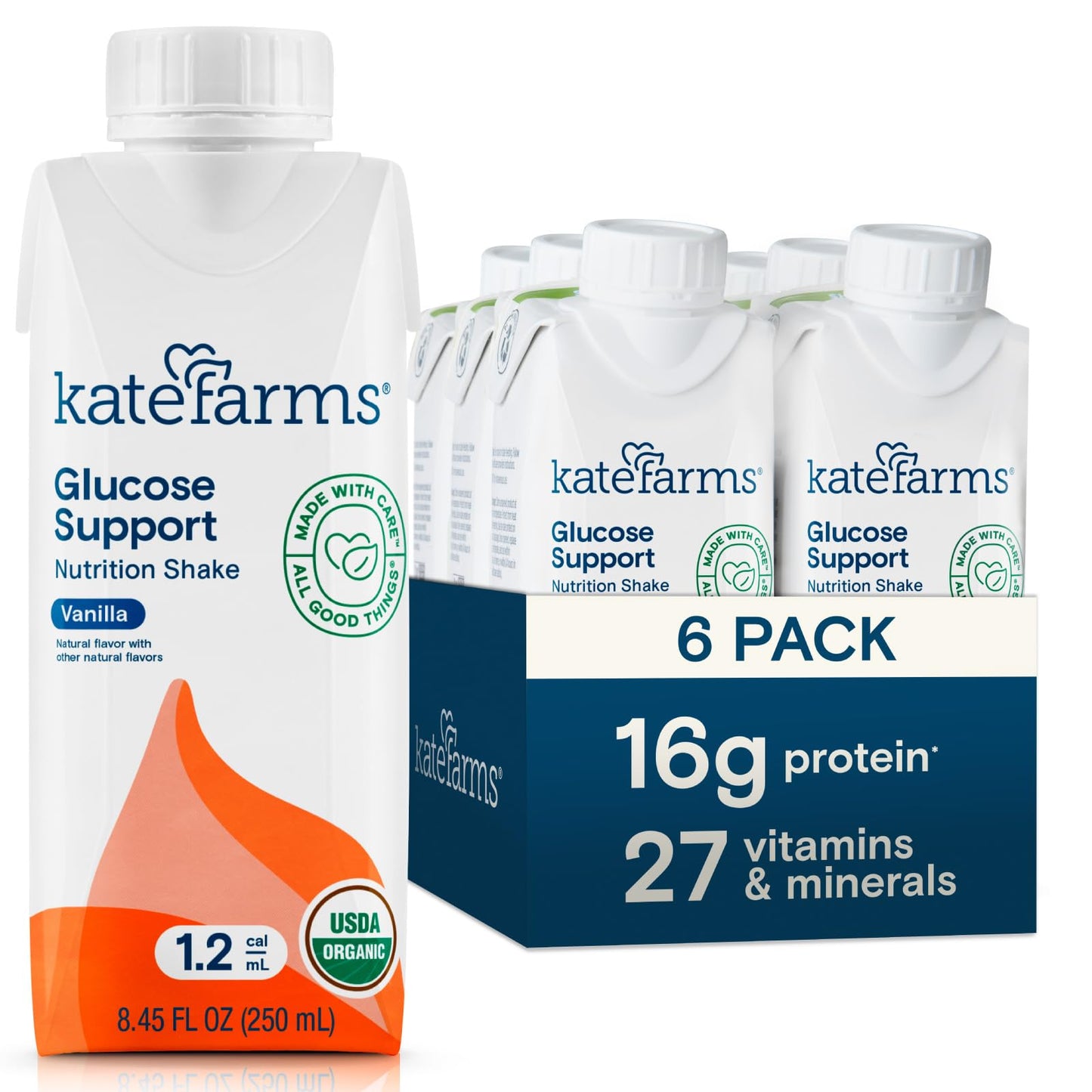 KATE FARMS Organic 1.2 Glucose Support Shake, Vanilla, 16g Protein, 27 Vitamins and Minerals, Diabetic Nutrition Meal Replacement, 8.45 oz (12 Pack)