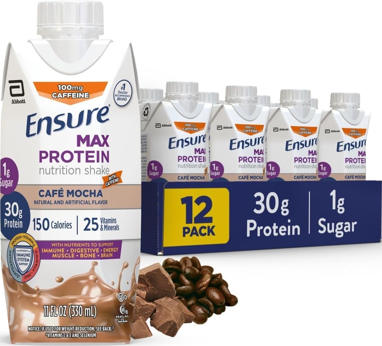 Ensure Max Protein French Vanilla Shake, 30g High Protein, 12 Pack | 30g Protein to Support Muscle Health & Manage Hunger for Adults, Each Protein Shake has 1g Sugar, 150 Calories, 4g Fiber