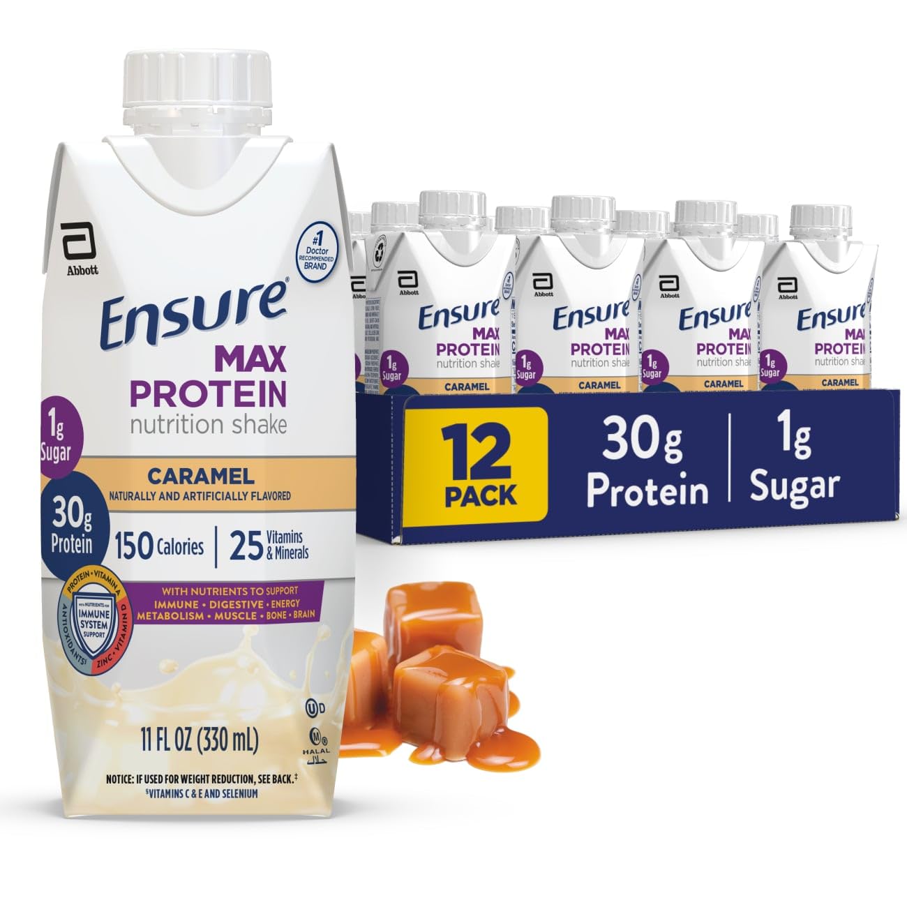Ensure Max Protein French Vanilla Shake, 30g High Protein, 12 Pack | 30g Protein to Support Muscle Health & Manage Hunger for Adults, Each Protein Shake has 1g Sugar, 150 Calories, 4g Fiber