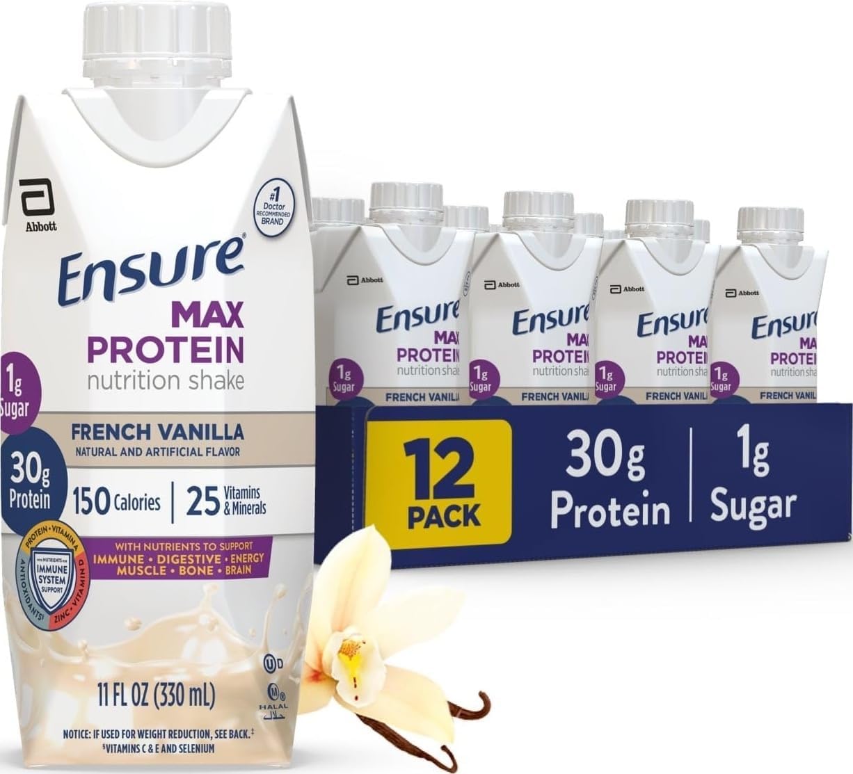 Ensure Max Protein French Vanilla Shake, 30g High Protein, 12 Pack | 30g Protein to Support Muscle Health & Manage Hunger for Adults, Each Protein Shake has 1g Sugar, 150 Calories, 4g Fiber