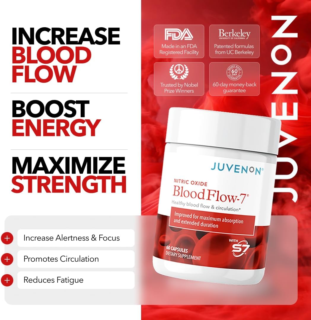 Juvenon BloodFlow-7 Nitric Oxide Supplements for Men & Women - Natural Nitric Oxide Booster with Nitrosigine® + S7® - Blood Flow & Circulation Support (1-Pack)