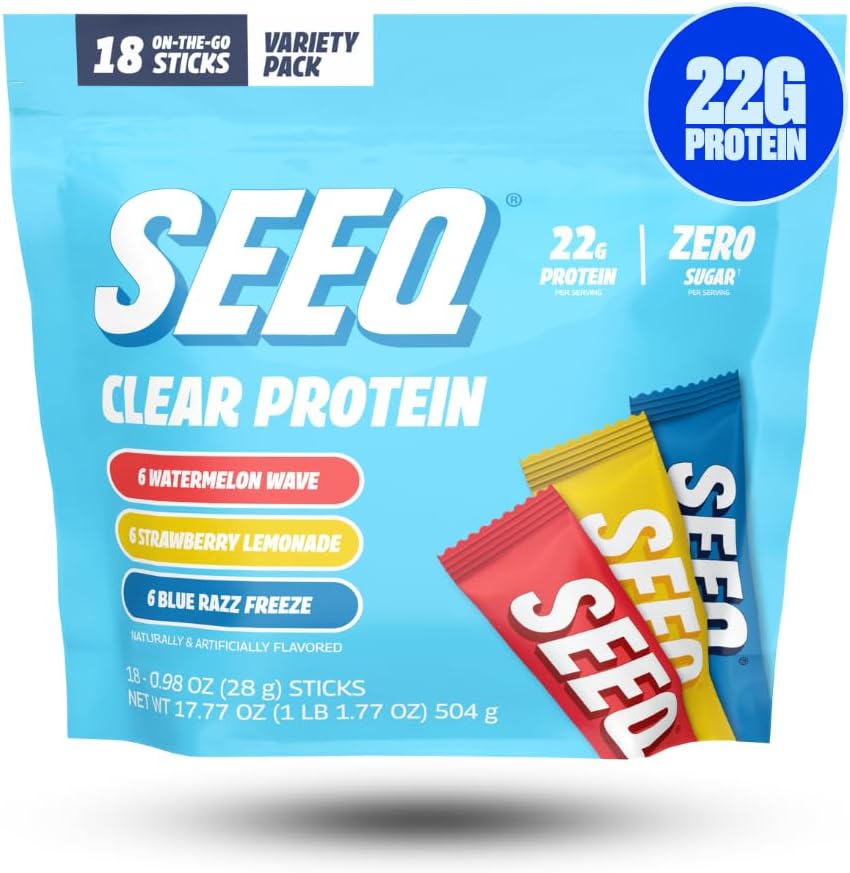SEEQ Clear Protein Powder Packets - 18 Count Sample Pack - 22g Clear Whey Protein Isolate - Zero Sugar - 0g Lactose, Allergen-Friendly - GLP-1 Support - Post-Workout Recovery - Mixed Flavors