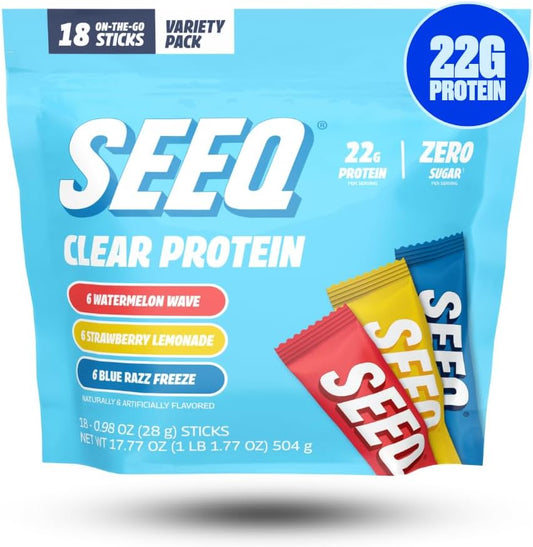 SEEQ Clear Protein Powder Packets - 18 Count Sample Pack - 22g Clear Whey Protein Isolate - Zero Sugar - 0g Lactose, Allergen-Friendly - GLP-1 Support - Post-Workout Recovery - Mixed Flavors