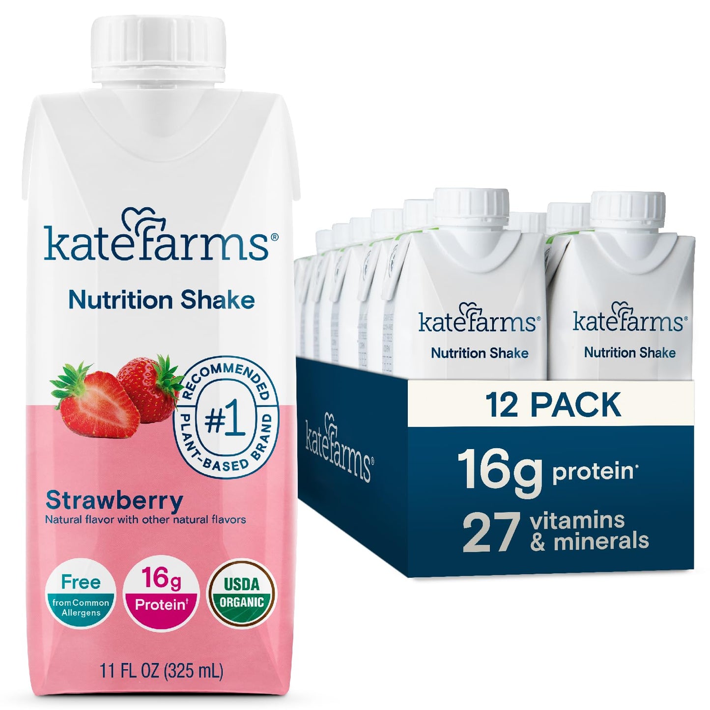 KATE FARMS Organic Nutrition Shake, Vanilla, 16g Protein, 12 Pack