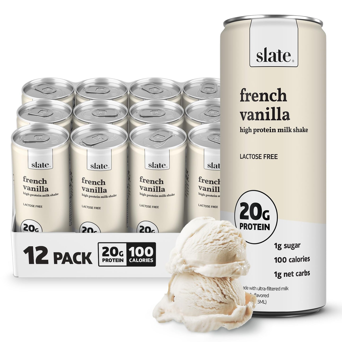 Slate Milk - High Protein Milk Shake - Core Variety Pack - Classic Chocolate, Dark Chocolate, French Vanilla - Lactose Free, 20g Protein, 1g Sugar, 100 Calories, 1-2g Net Carbs - 11 fl oz, 12 Cans