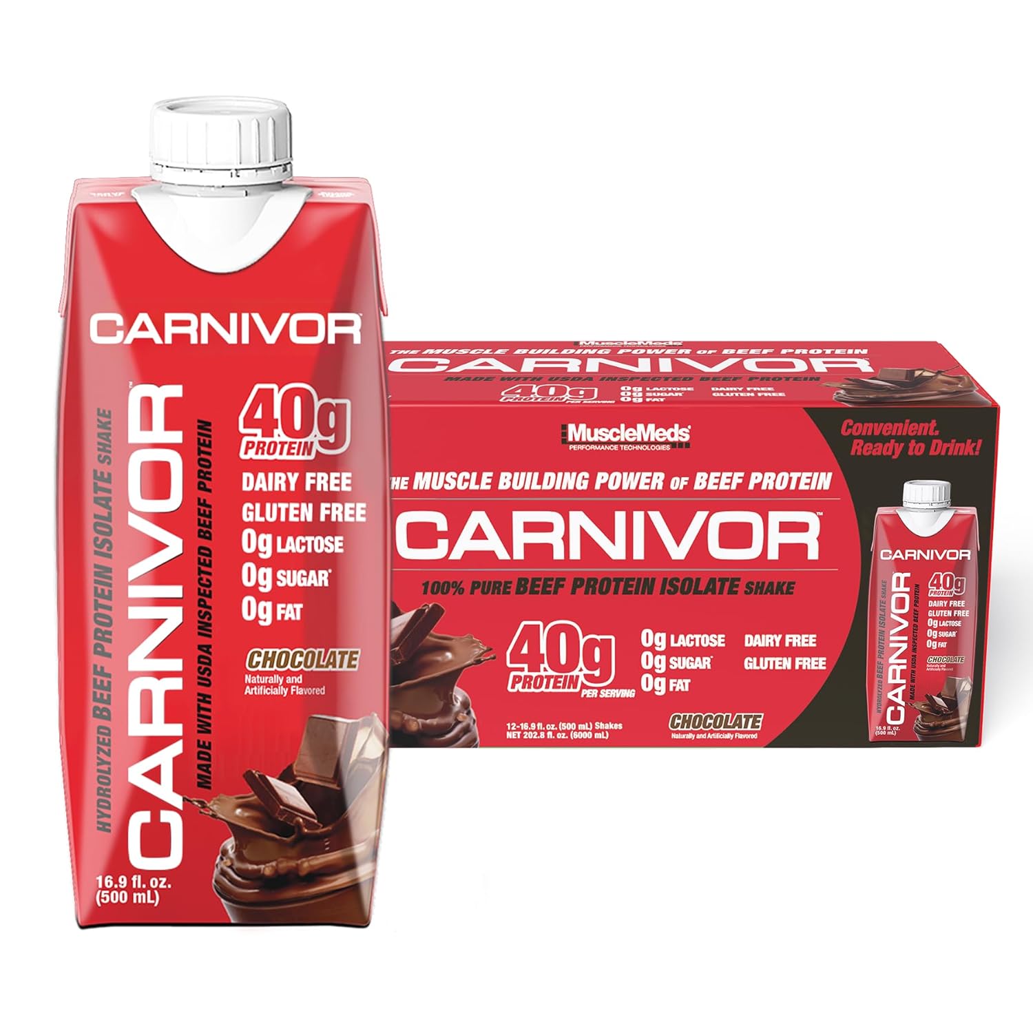 MuscleMeds Carnivor RTD, Ready to Drink Protein, Lactose Free, Sugar Free, 40g Isolate Protein, Muscle Building, Recovery, Chocolate, 16.9 Fl Oz (Pack of 12)