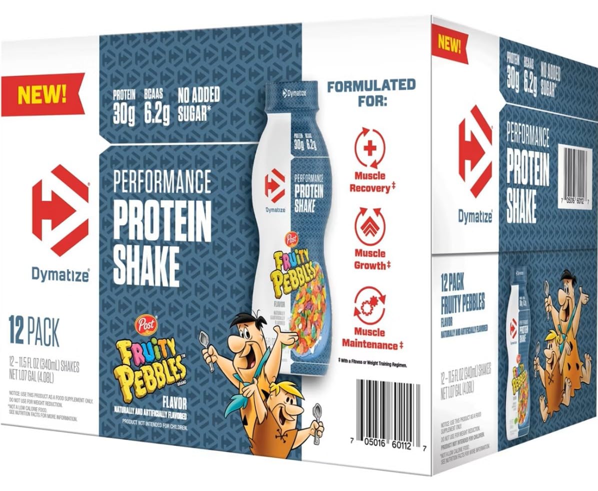 Dymatize Performance Protein Shake, Fruity Pebbles, 30g of Protein, 6.2g BCAA, No Added Sugar, Low Fat, 24 Vitamins and Minerals, Gluten-Free, Ready to Drink, On-the-Go Snack, 11.5fl oz, 12 pack