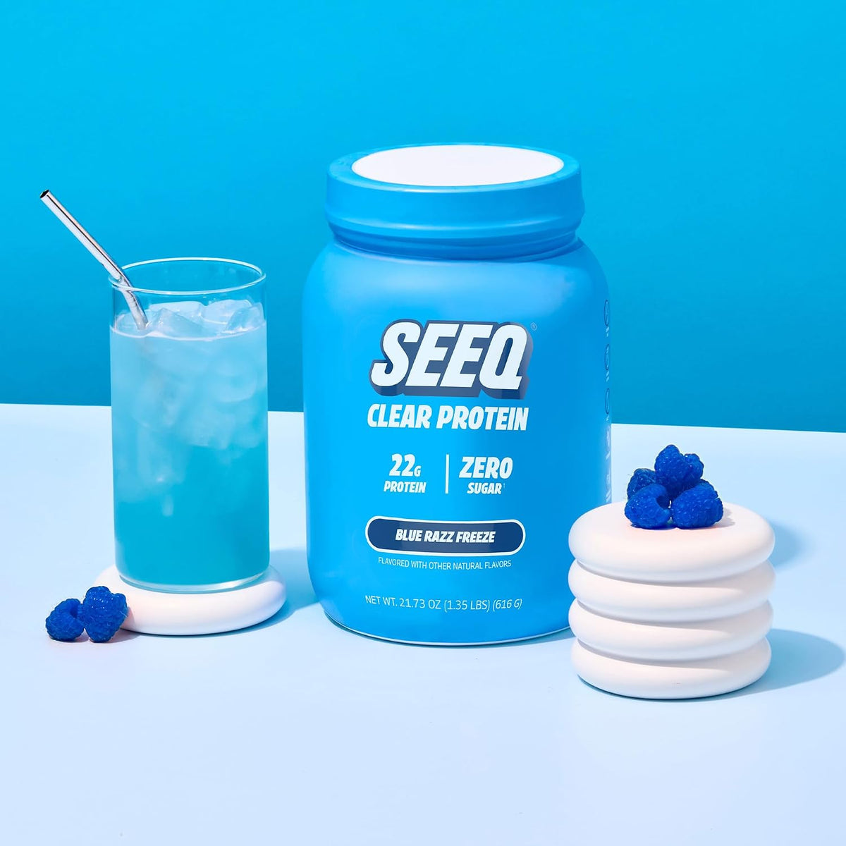SEEQ Clear Protein Powder - Blue Razz Freeze - 22 Servings - 22g Clear Whey Protein Isolate - Zero Sugar - 0g Lactose - Allergen Friendly - GLP1 Support - Bone Health - Muscle Post Workout Recovery
