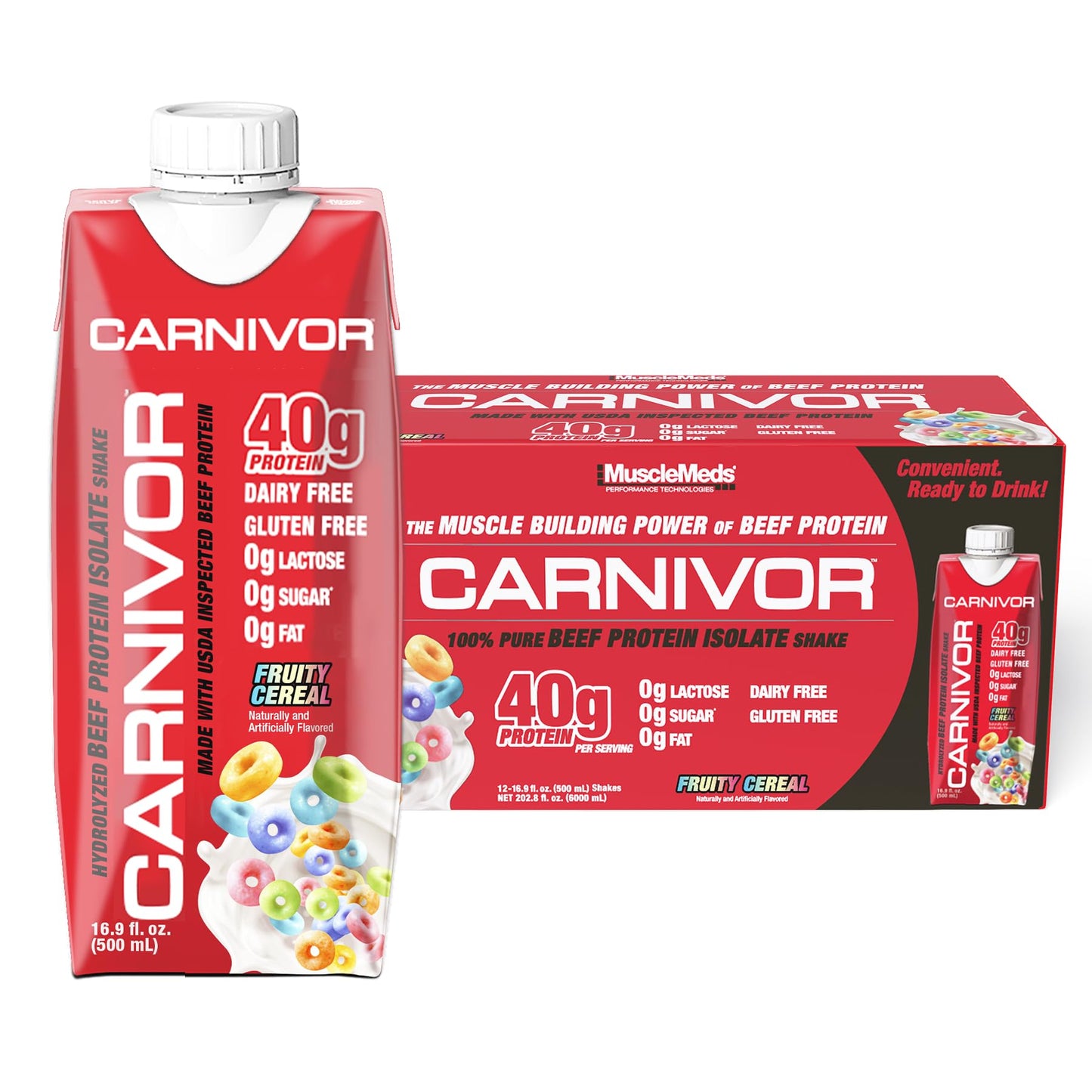MuscleMeds Carnivor RTD, Ready to Drink Protein, Lactose Free, Sugar Free, 40g Isolate Protein, Muscle Building, Recovery, Chocolate, 16.9 Fl Oz (Pack of 12)