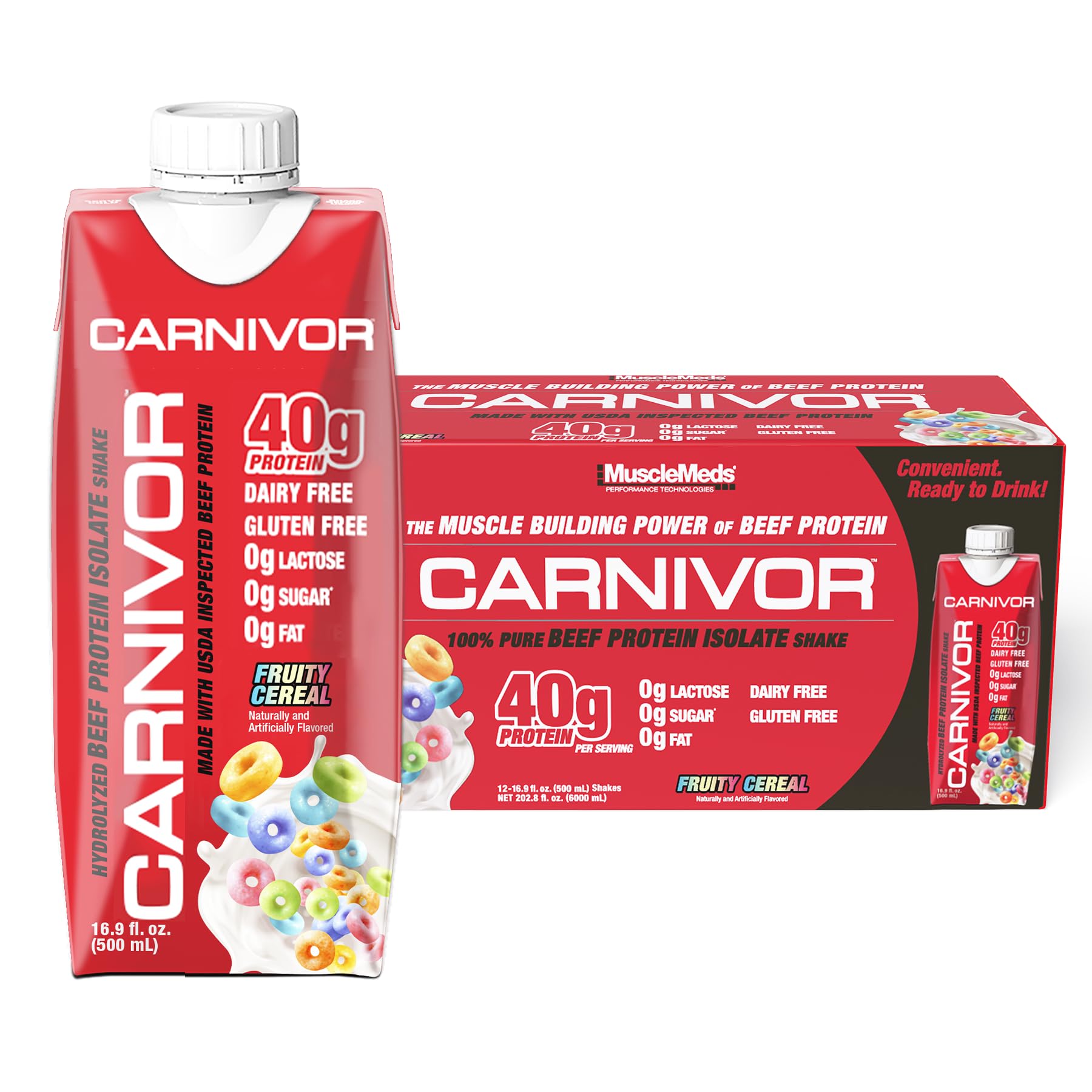 MuscleMeds Carnivor RTD, Ready to Drink Protein, Lactose Free, Sugar Free, 40g Isolate Protein, Muscle Building, Recovery, Chocolate, 16.9 Fl Oz (Pack of 12)