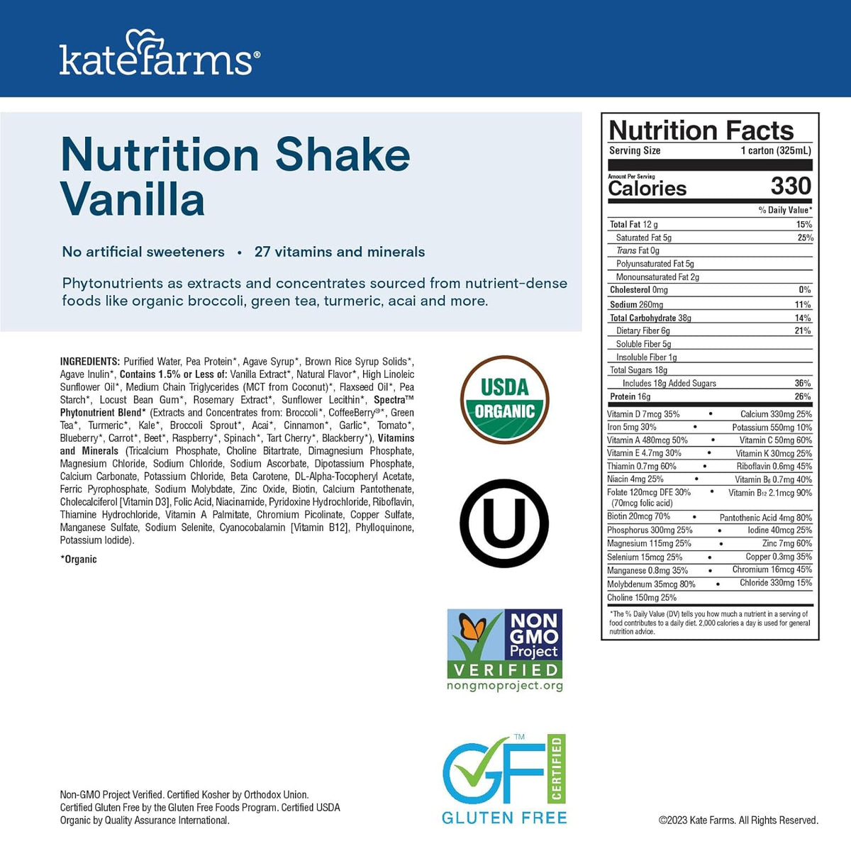 KATE FARMS Organic Nutrition Shake, Vanilla, 16g Protein, 12 Pack