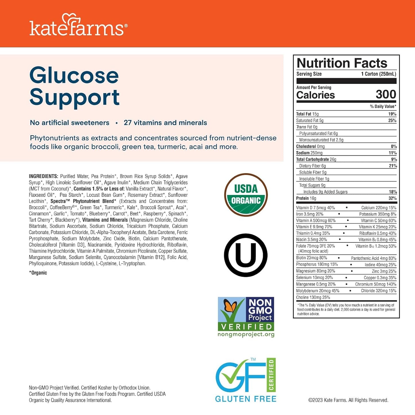 KATE FARMS Organic 1.2 Glucose Support Shake, Vanilla, 16g Protein, 27 Vitamins and Minerals, Diabetic Nutrition Meal Replacement, 8.45 oz (12 Pack)