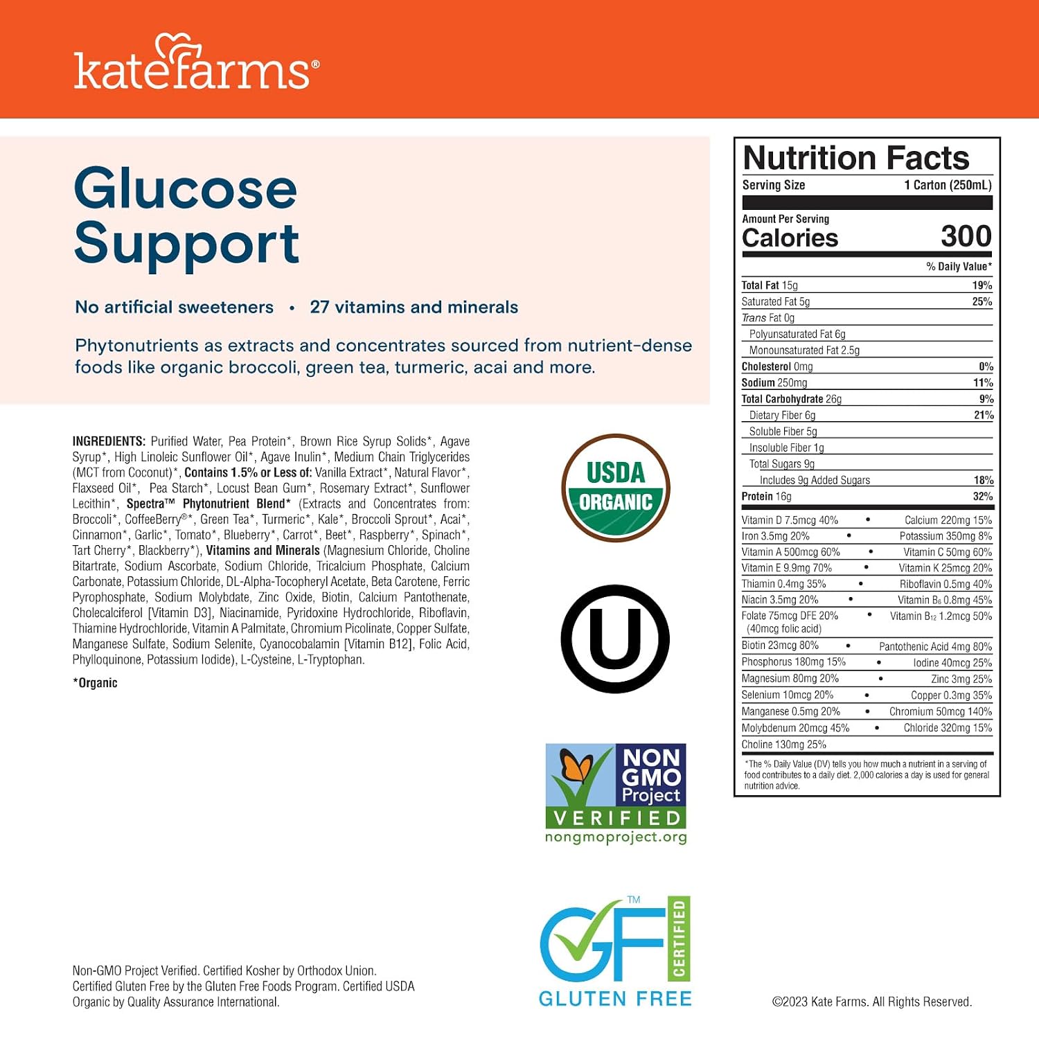 KATE FARMS Organic 1.2 Glucose Support Shake, Vanilla, 16g Protein, 27 Vitamins and Minerals, Diabetic Nutrition Meal Replacement, 8.45 oz (12 Pack)