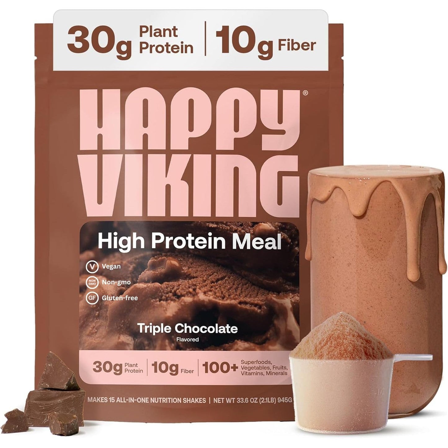 Happy Viking Plant-Based Vegan Protein Powder +100 Superfoods Vanilla Meal Replacement Shake, Created by Venus Williams, 30g Plant Protein, 10g Fiber,Gluten-Free, Non-GMO, 15 Meals