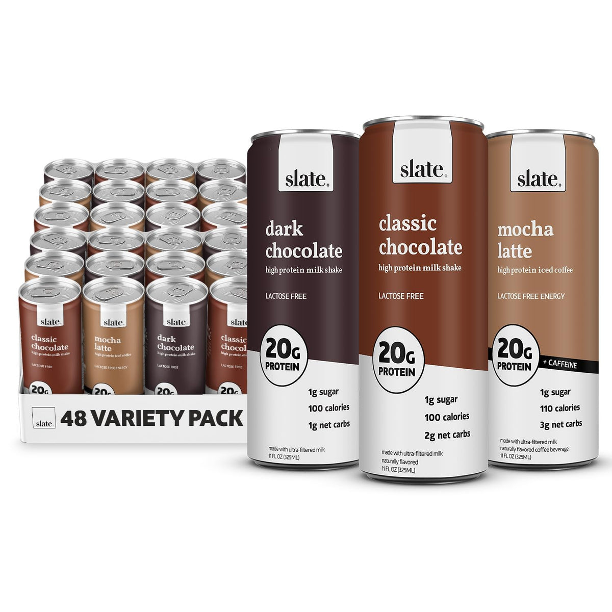 Slate Milk - High Protein Milk Shake - Core Variety Pack - Classic Chocolate, Dark Chocolate, French Vanilla - Lactose Free, 20g Protein, 1g Sugar, 100 Calories, 1-2g Net Carbs - 11 fl oz, 12 Cans