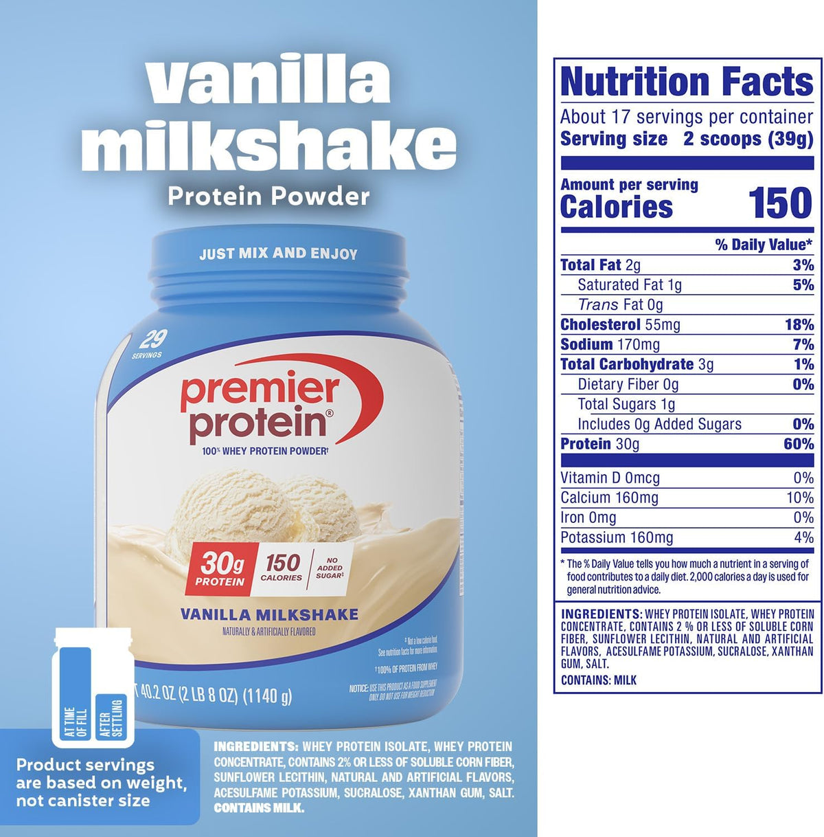 Premier Protein 30g High Protein Powder, 100% Whey, Vanilla, 29 Servings