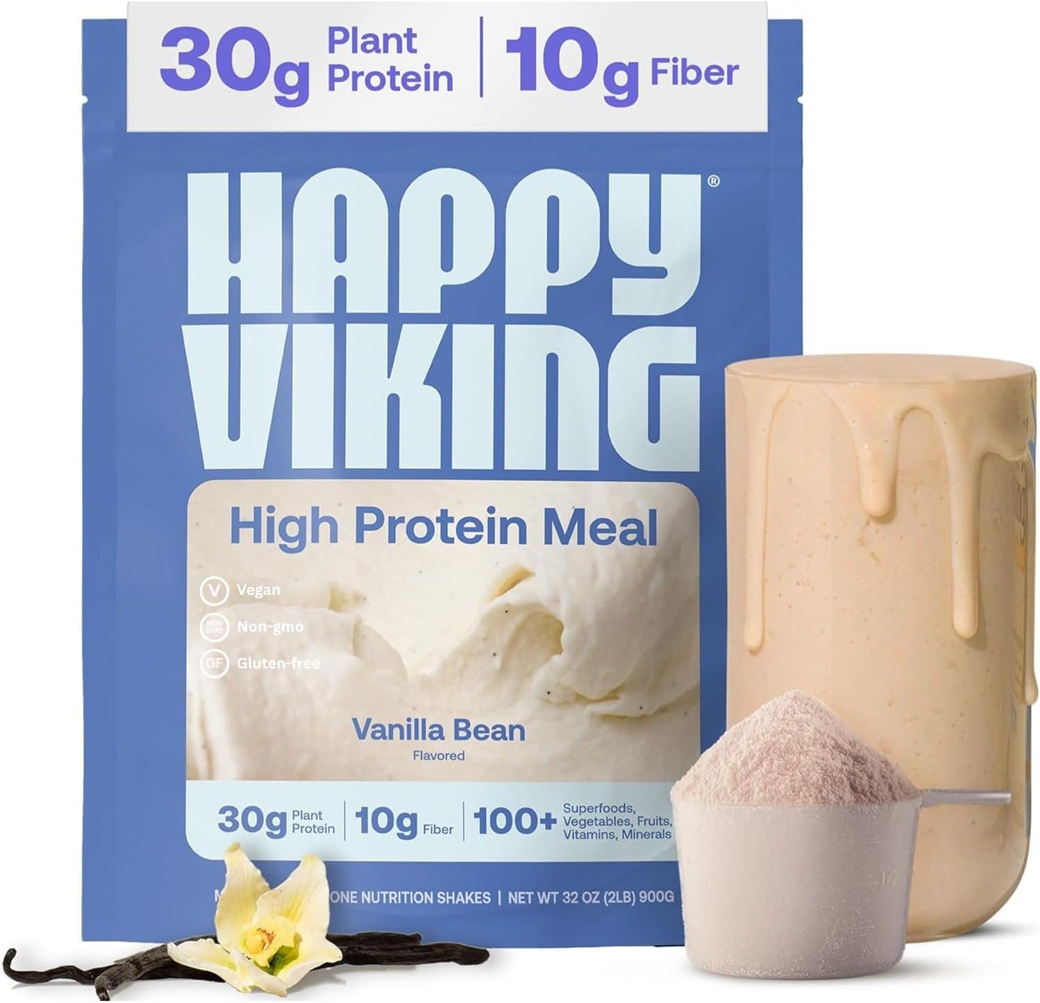 Happy Viking Plant-Based Vegan Protein Powder +100 Superfoods Vanilla Meal Replacement Shake, Created by Venus Williams, 30g Plant Protein, 10g Fiber,Gluten-Free, Non-GMO, 15 Meals