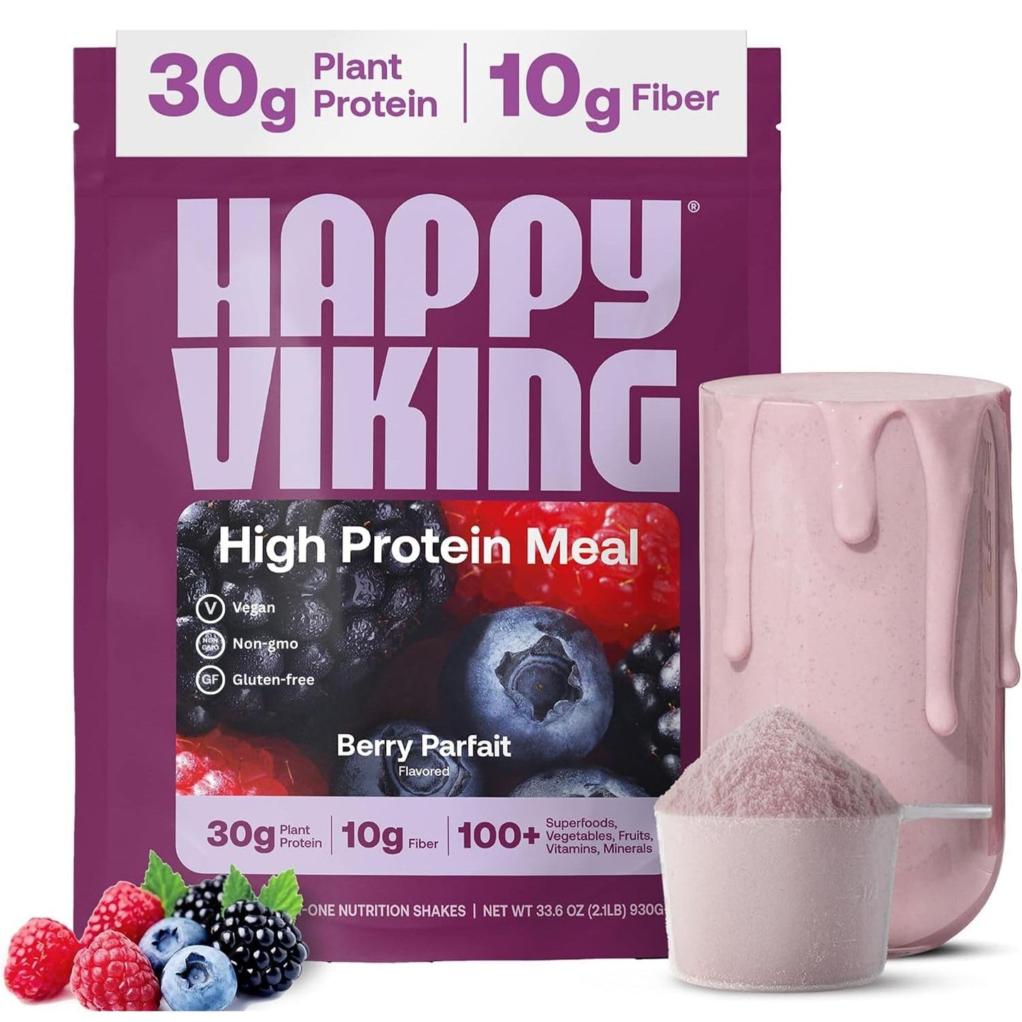Happy Viking Plant-Based Vegan Protein Powder +100 Superfoods Vanilla Meal Replacement Shake, Created by Venus Williams, 30g Plant Protein, 10g Fiber,Gluten-Free, Non-GMO, 15 Meals