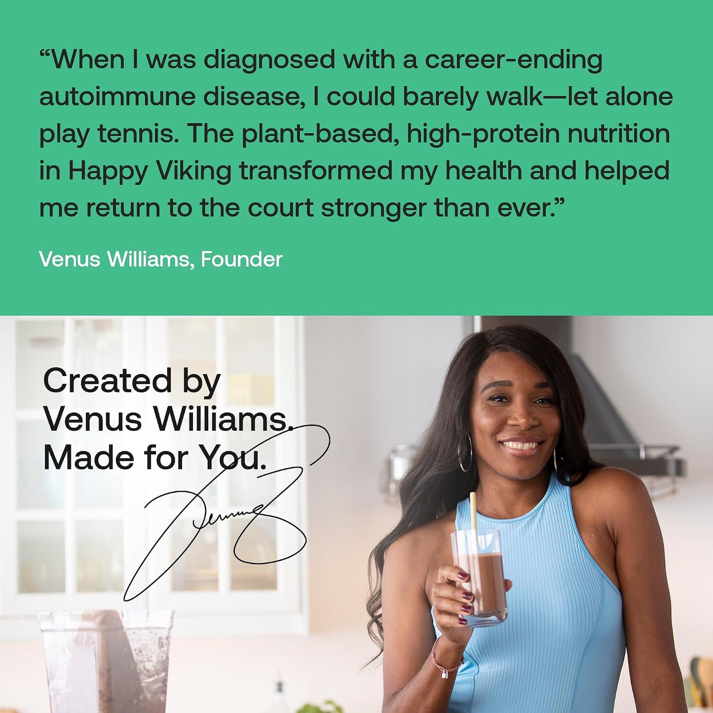 Happy Viking Plant-Based Vegan Protein Powder +100 Superfoods Vanilla Meal Replacement Shake, Created by Venus Williams, 30g Plant Protein, 10g Fiber,Gluten-Free, Non-GMO, 15 Meals