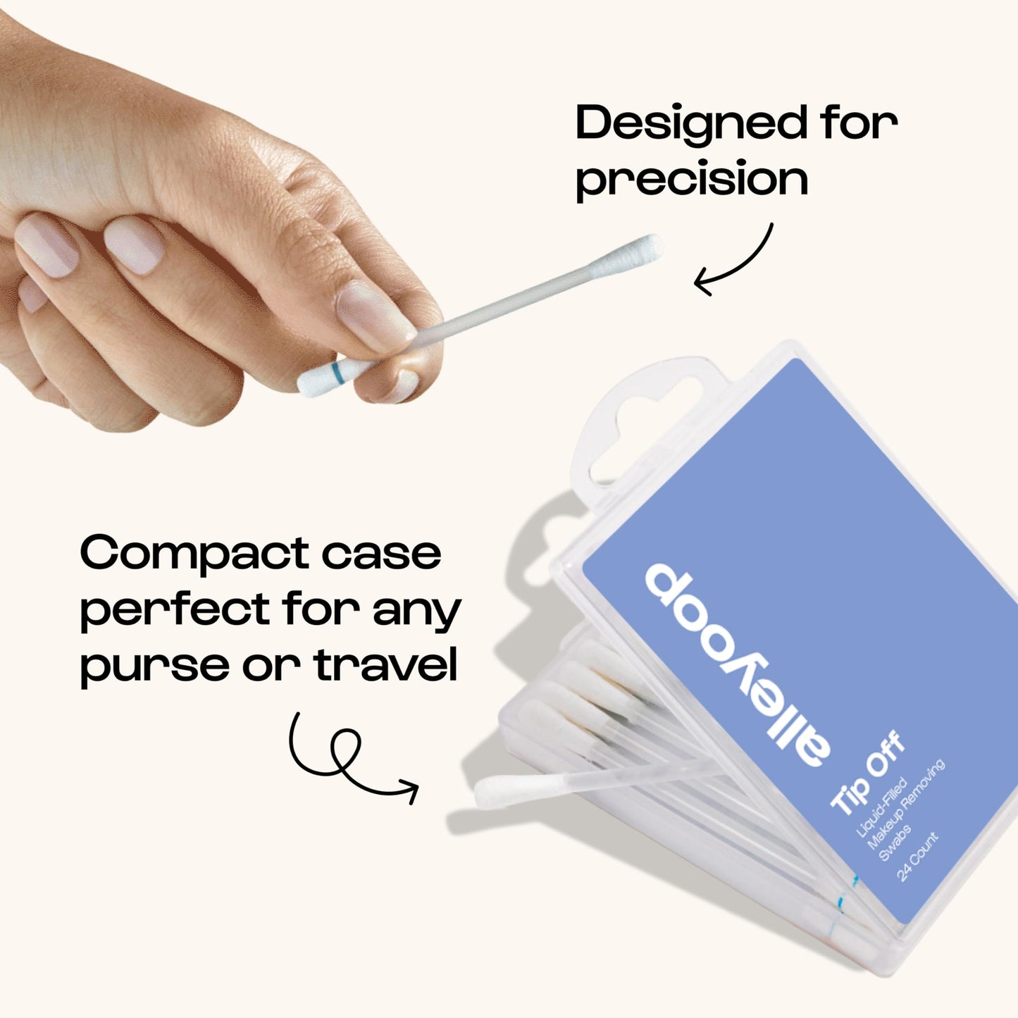 Alleyoop Cotton Swabs for Makeup, Tip Off Liquid-Filled Makeup Removing Swabs (24 Count, 1 Pack) - Easy-To-Use & Space Saving Makeup Remover - Disposable Cotton Tips for Eye, Lip, Eyebrow, & Eyeshadow