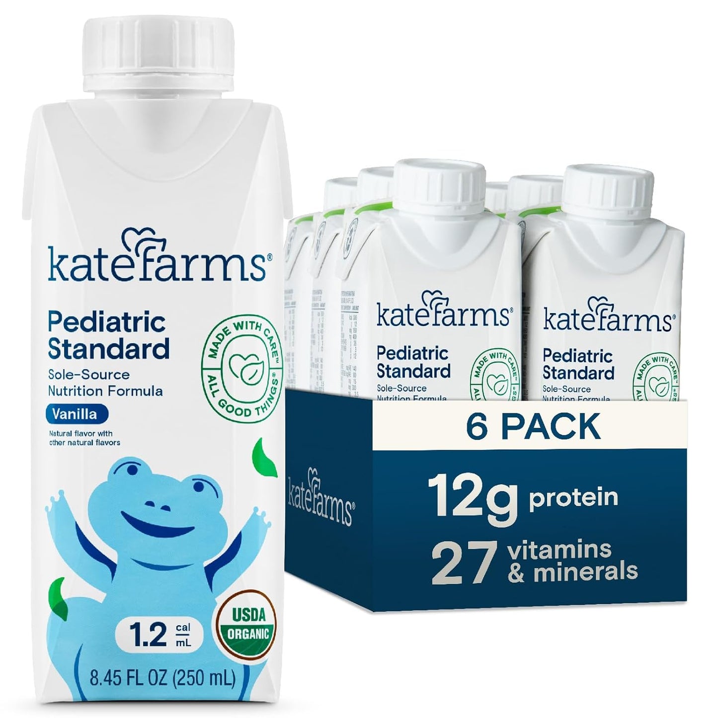 KATE FARMS Pediatric 1.2 High Calorie Shake, Vanilla, 6 Pack | Organic pediatric nutrition shake with 12g protein plus 27 vitamins and minerals.
