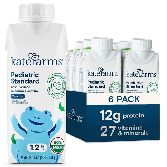 KATE FARMS Pediatric 1.2 High Calorie Shake, Vanilla, 6 Pack | Organic pediatric nutrition shake with 12g protein plus 27 vitamins and minerals.