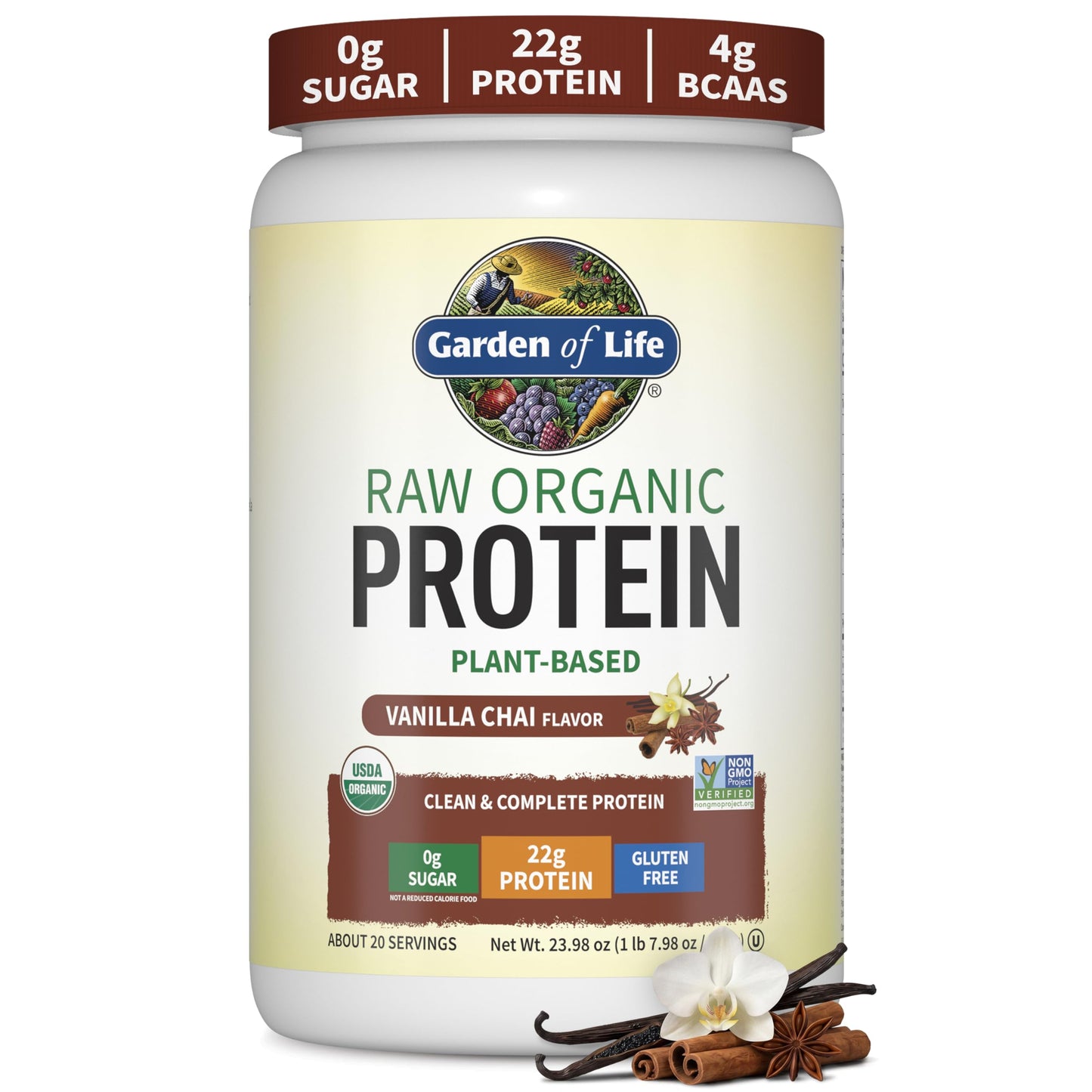 Garden of Life Organic Vegan Protein Powder, Plant Based & BCAAs, Organic Protein Powder with Probiotics & Enzymes, Non-GMO, Gluten-Free Lactose Free 1.2 LB