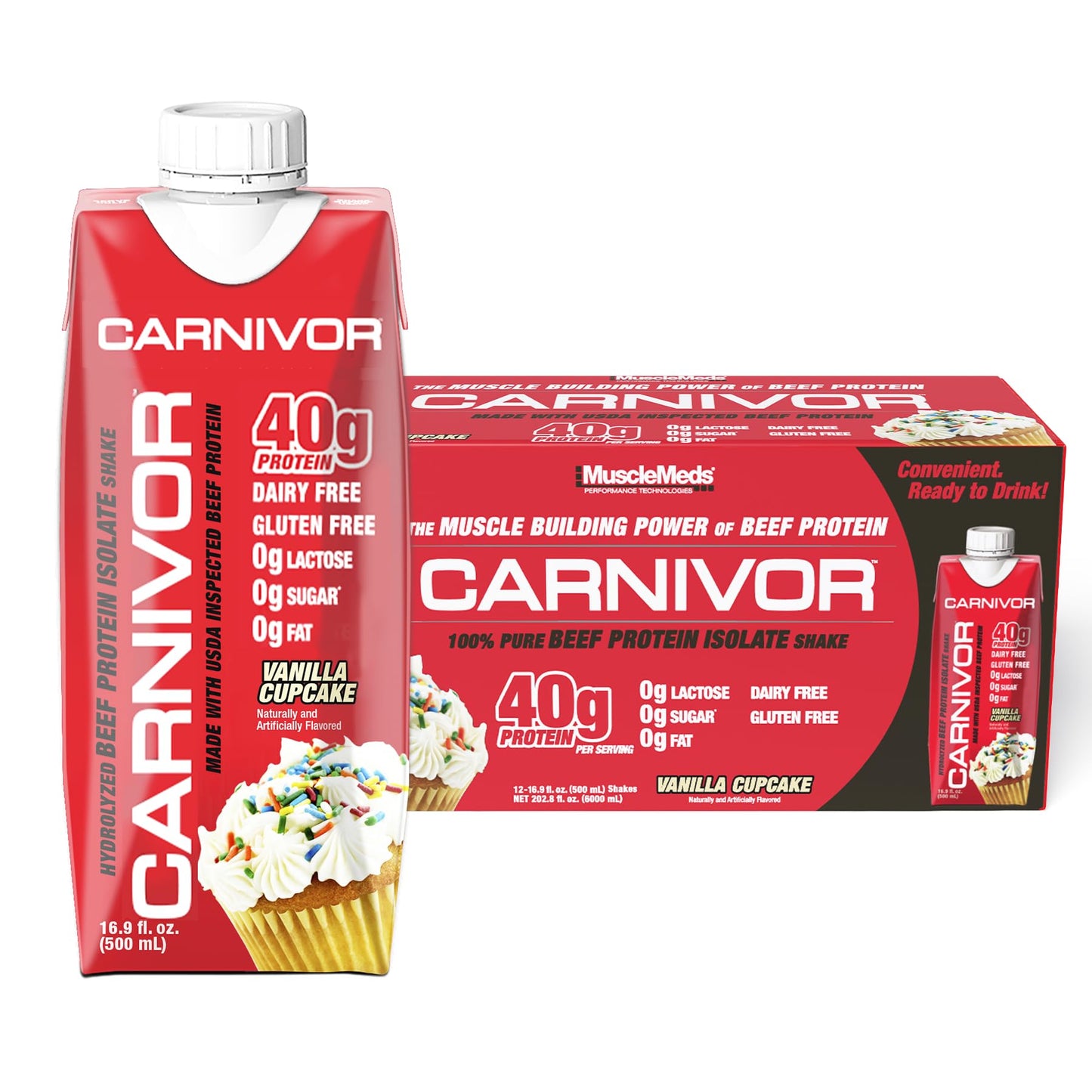 MuscleMeds Carnivor RTD, Ready to Drink Protein, Lactose Free, Sugar Free, 40g Isolate Protein, Muscle Building, Recovery, Chocolate, 16.9 Fl Oz (Pack of 12)