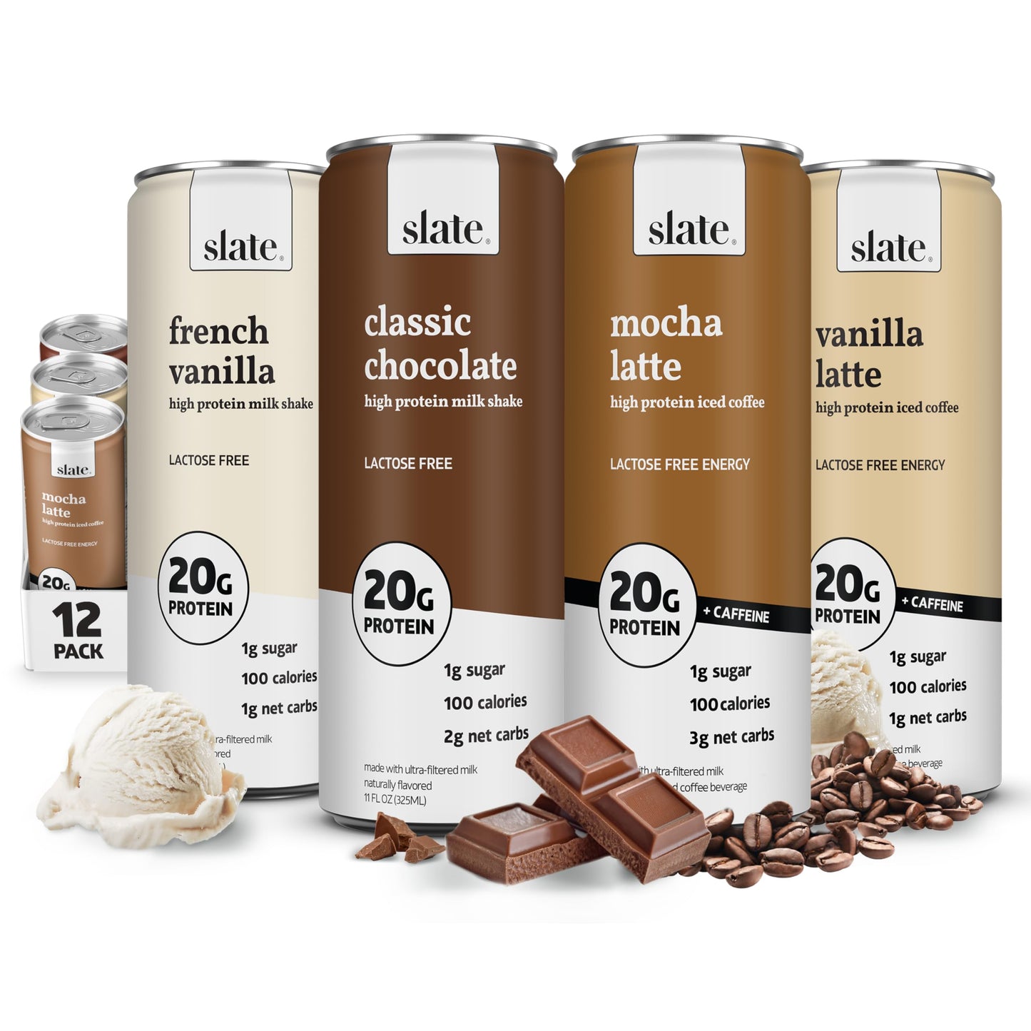 Slate Milk - High Protein Milk Shake - Core Variety Pack - Classic Chocolate, Dark Chocolate, French Vanilla - Lactose Free, 20g Protein, 1g Sugar, 100 Calories, 1-2g Net Carbs - 11 fl oz, 12 Cans