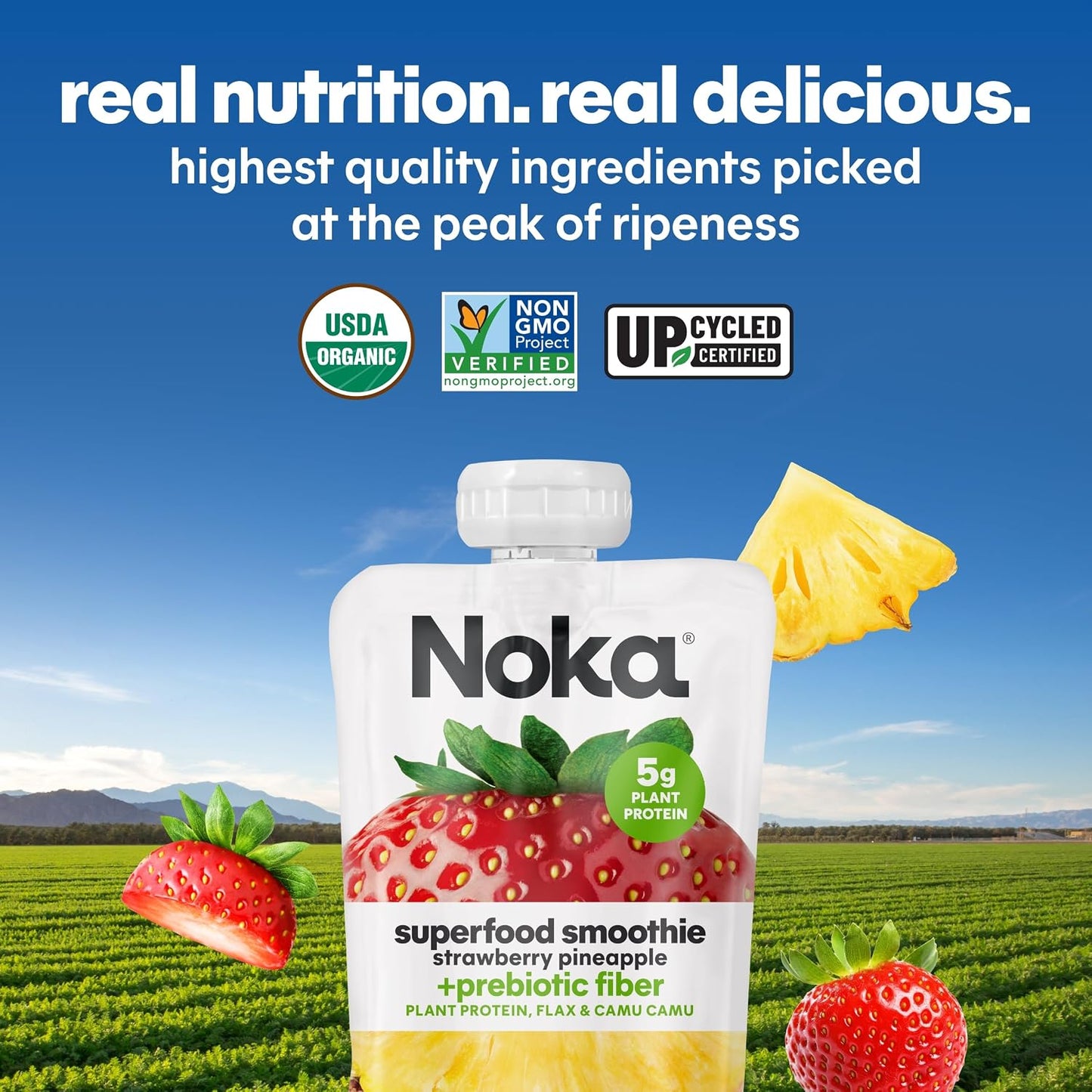 Noka Superfood Fruit Smoothie Pouches Variety Pack, Healthy Snacks with Flax Seed, Plant Protein and Prebiotic Fiber, Vegan and Gluten Free Snacks, Made in USA, Organic Squeeze Pouch, 4.22 oz, 12 Count