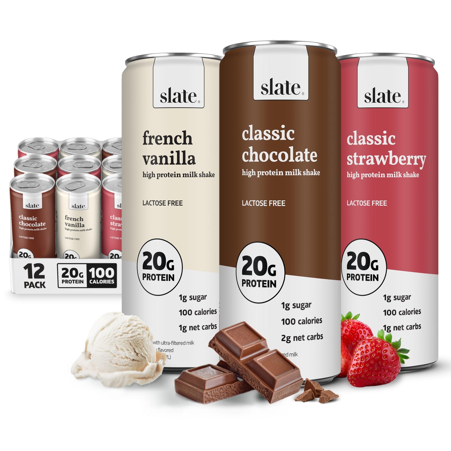 Slate Milk - High Protein Milk Shake - Core Variety Pack - Classic Chocolate, Dark Chocolate, French Vanilla - Lactose Free, 20g Protein, 1g Sugar, 100 Calories, 1-2g Net Carbs - 11 fl oz, 12 Cans