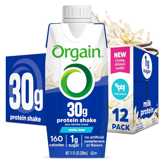 Orgain 30g High Protein Dairy Shake, 5g BCAAs, Vanilla, 11 oz, 12pk | Ready to drink dairy isolate milk protein, meal replacement, 1g sugar per serving, keto friendly, gluten free