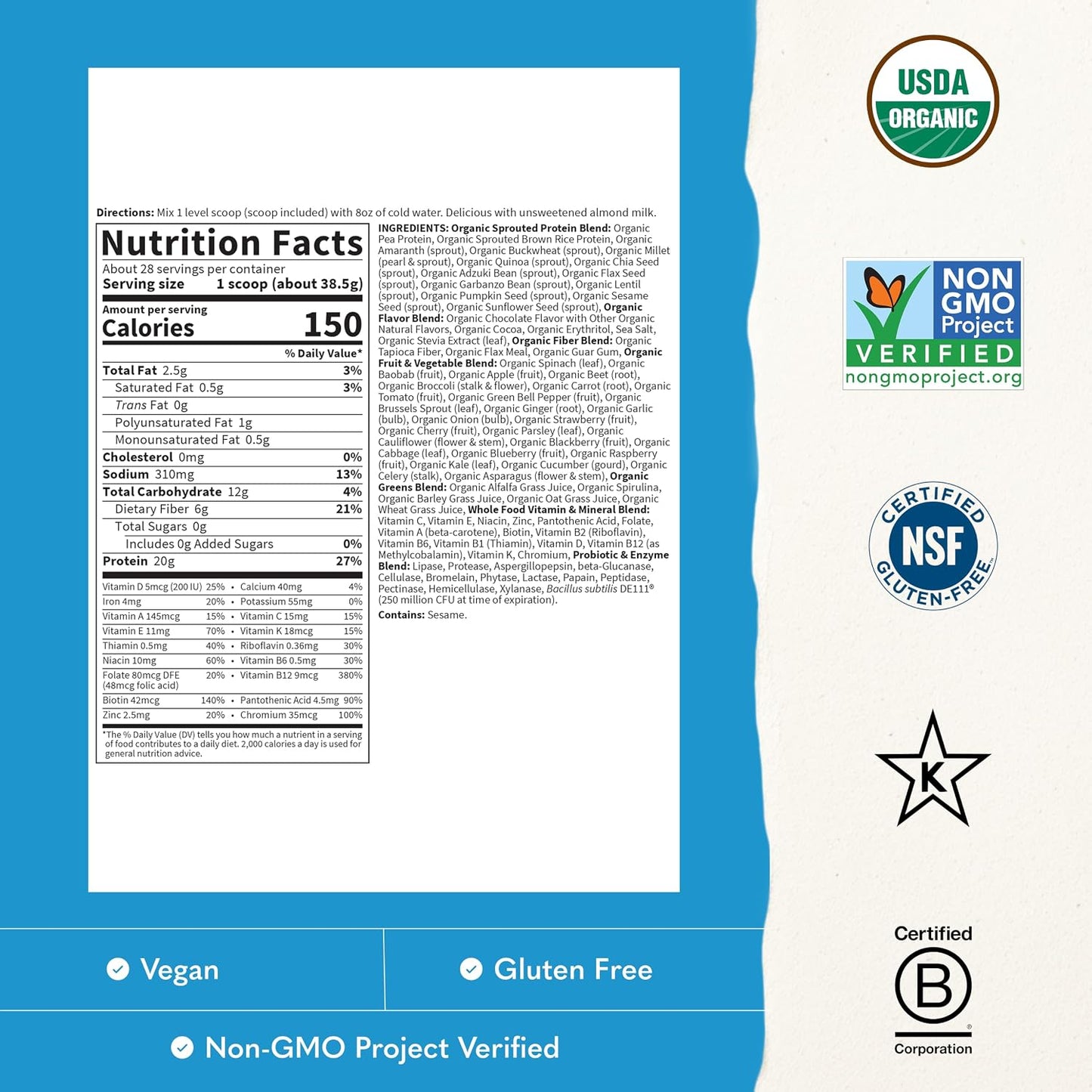 Garden of Life Raw Organic Meal Protein Powder, Chocolate, 28 Servings | Raw Organic, with Plant Based Pea Protein, Sprouts, Greens, Probiotics, Dairy Free 28 Servings
