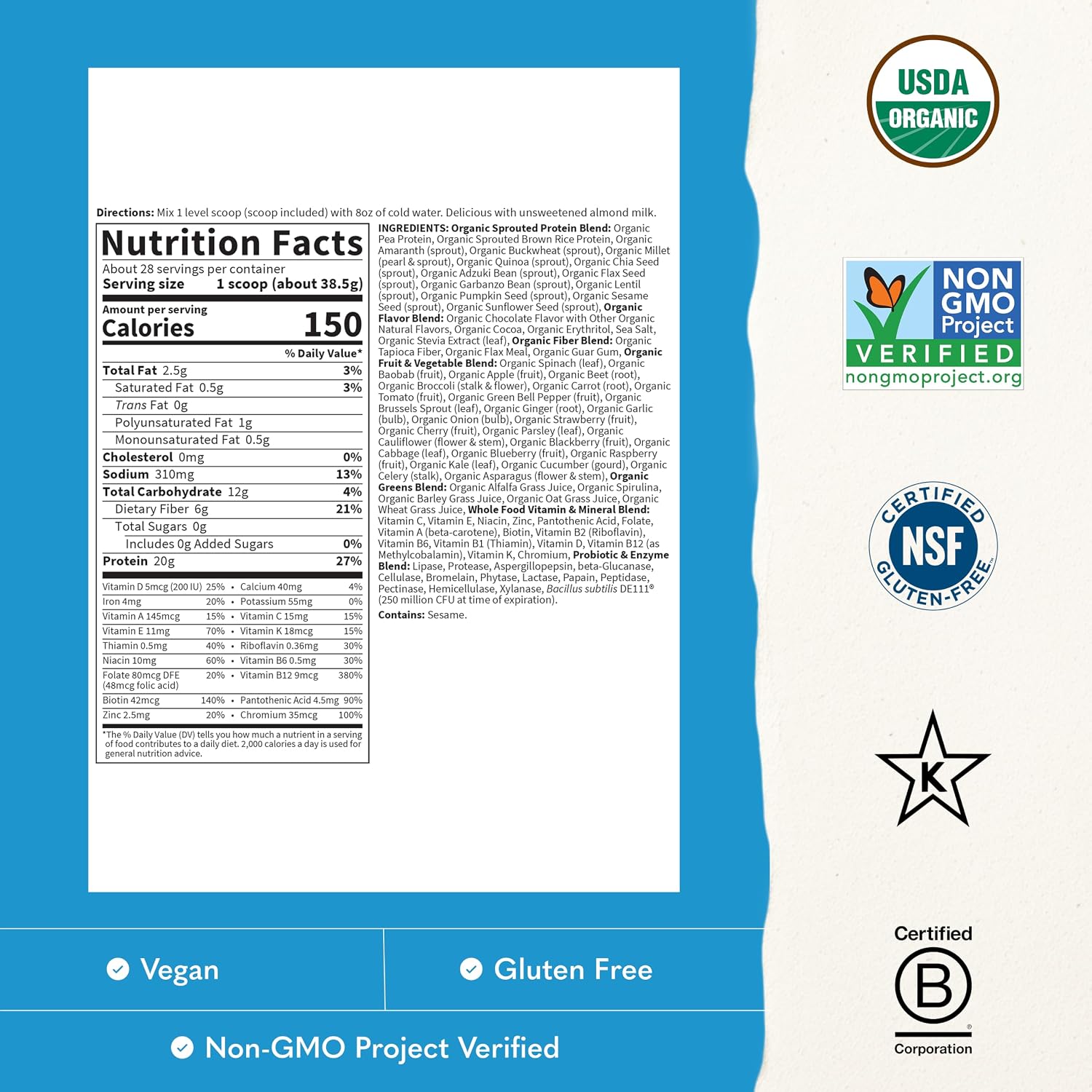 Garden of Life Raw Organic Meal Protein Powder, Chocolate, 28 Servings | Raw Organic, with Plant Based Pea Protein, Sprouts, Greens, Probiotics, Dairy Free 28 Servings
