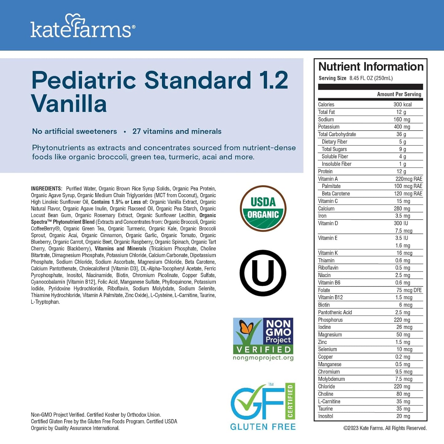 KATE FARMS Pediatric 1.2 High Calorie Shake, Vanilla, 6 Pack | Organic pediatric nutrition shake with 12g protein plus 27 vitamins and minerals.
