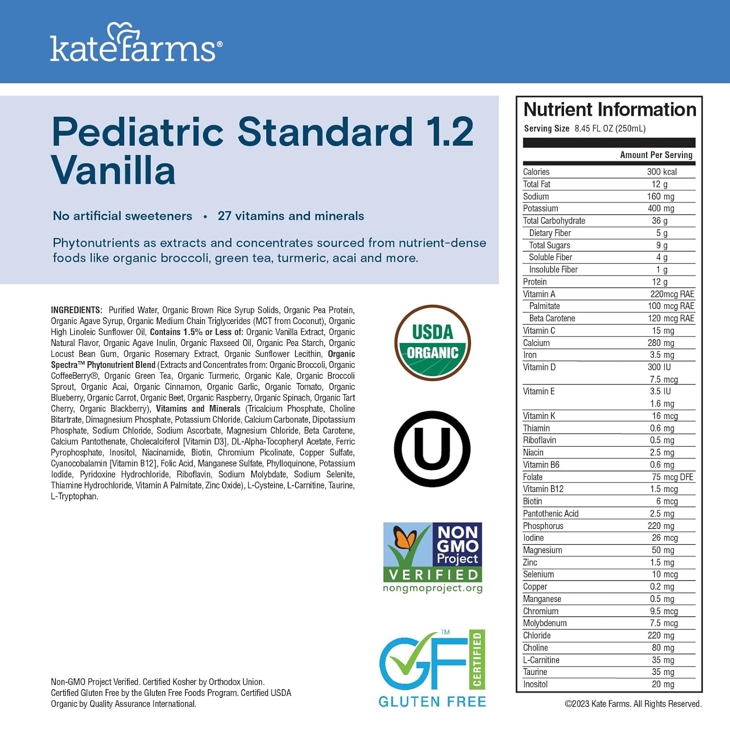 KATE FARMS Pediatric 1.2 High Calorie Shake, Vanilla, 6 Pack | Organic pediatric nutrition shake with 12g protein plus 27 vitamins and minerals.
