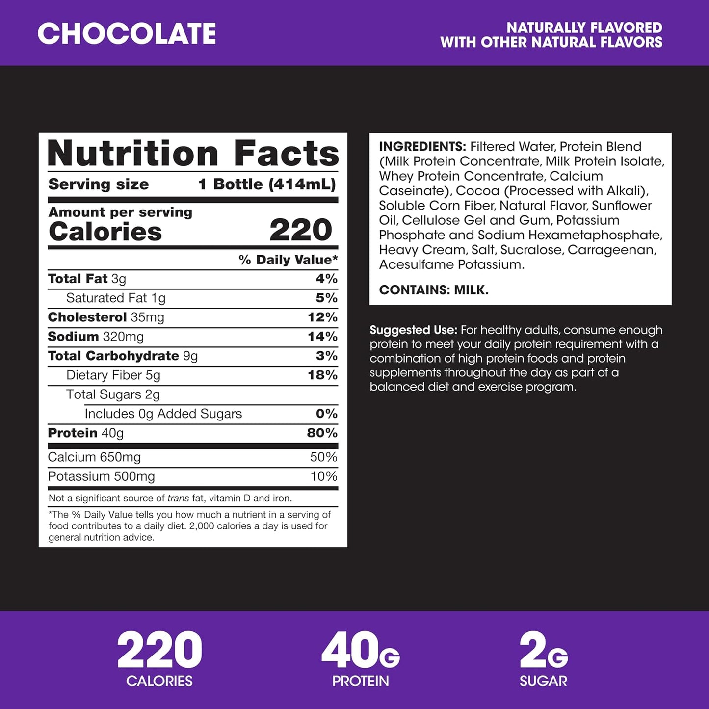 Optimum Nutrition 40g Protein Shake, Chocolate, 14 Fl Oz, 12 Ct | Naturally Flavored, On The Go Complete Protein Drink, Supports Muscle Recovery, 40g of Protein per Serving, Gluten Free
