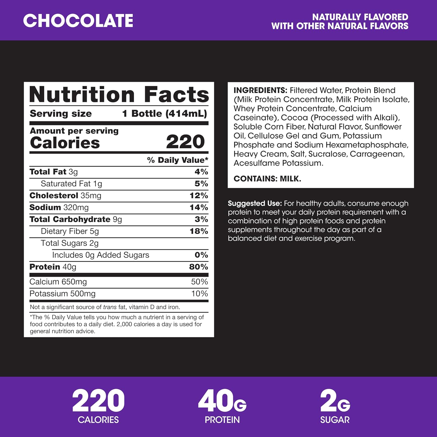 Optimum Nutrition 40g Protein Shake, Chocolate, 14 Fl Oz, 12 Ct | Naturally Flavored, On The Go Complete Protein Drink, Supports Muscle Recovery, 40g of Protein per Serving, Gluten Free
