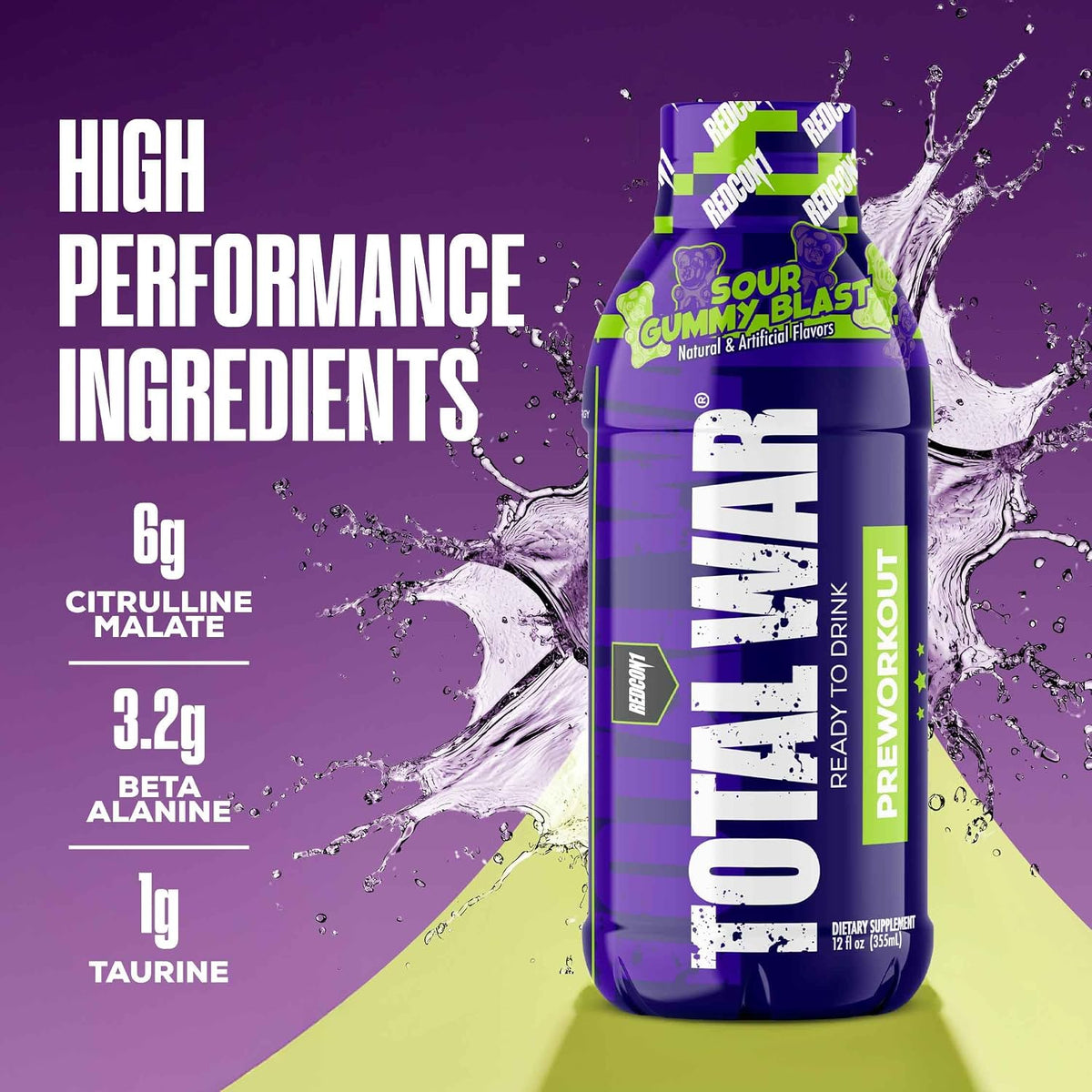 REDCON1 Total War Ready to Drink Pre Workout | Baja Bomb | 365mg Caffeine + Citrulline Malate + Beta Alanine | Zero Sugar (12 Pack)