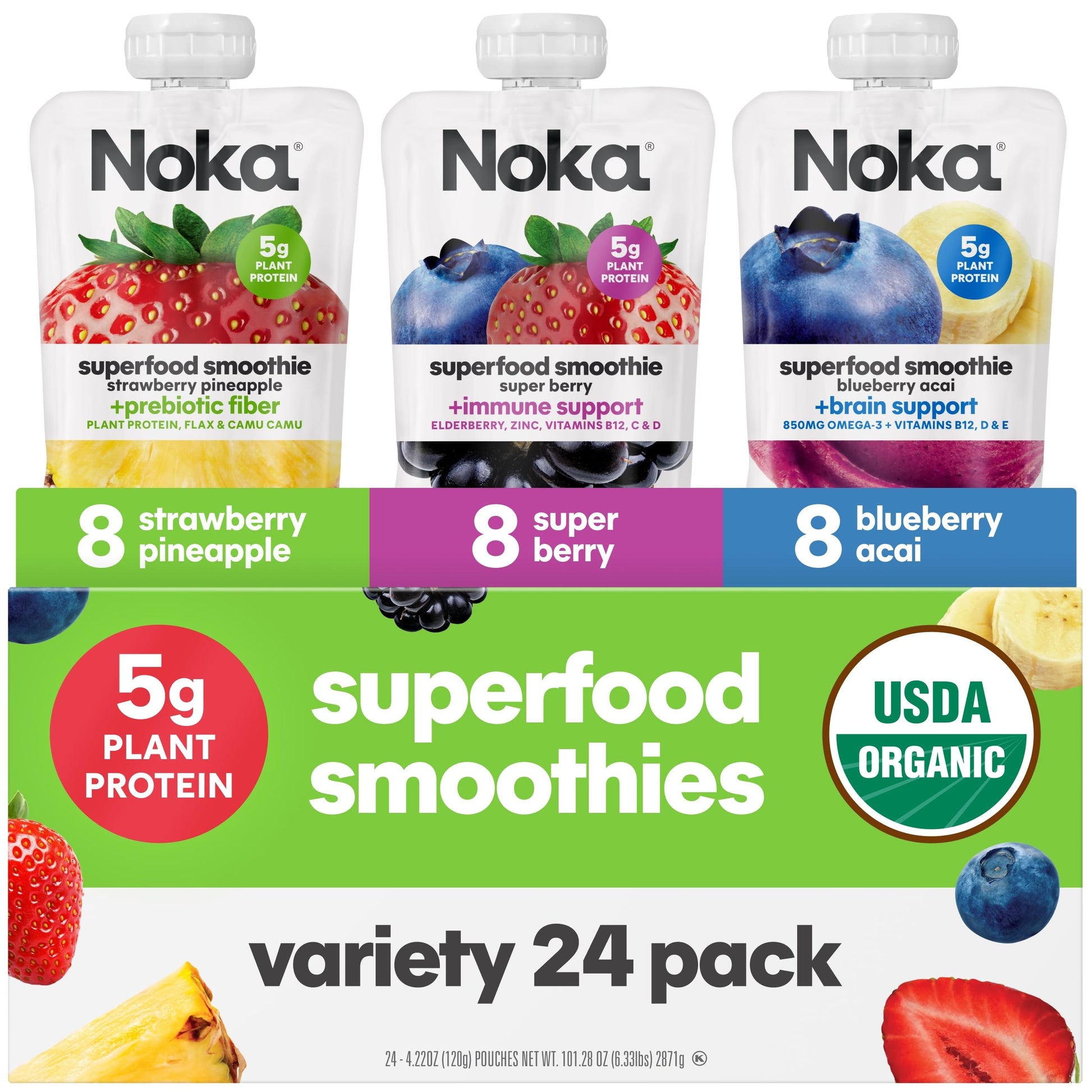 Noka Superfood Fruit Smoothie Pouches Variety Pack, Healthy Snacks with Flax Seed, Plant Protein and Prebiotic Fiber, Vegan and Gluten Free Snacks, Made in USA, Organic Squeeze Pouch, 4.22 oz, 12 Count