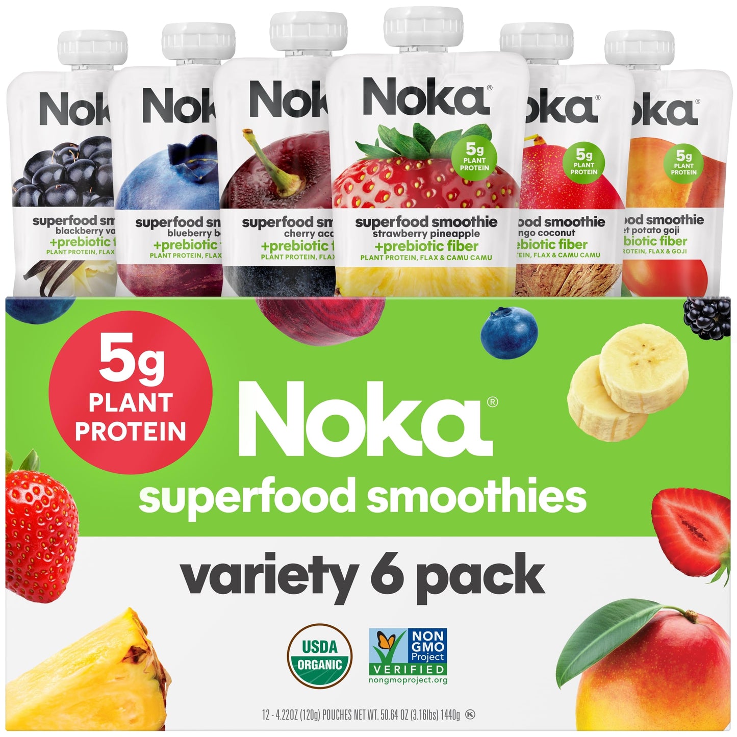 Noka Superfood Fruit Smoothie Pouches Variety Pack, Healthy Snacks with Flax Seed, Plant Protein and Prebiotic Fiber, Vegan and Gluten Free Snacks, Made in USA, Organic Squeeze Pouch, 4.22 oz, 12 Count