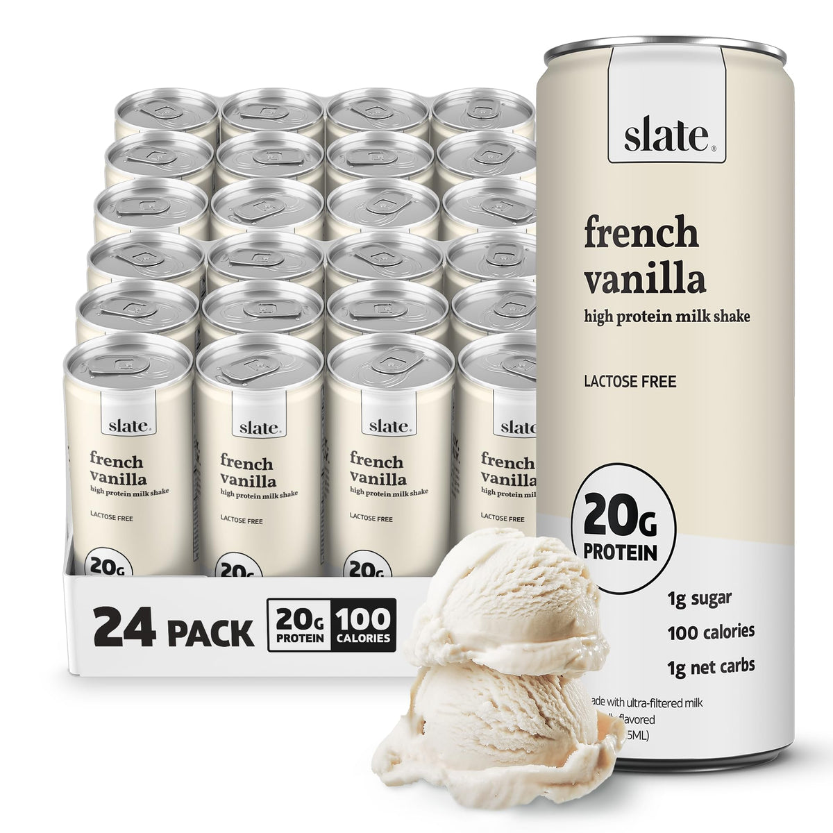 Slate Milk - High Protein Milk Shake - Core Variety Pack - Classic Chocolate, Dark Chocolate, French Vanilla - Lactose Free, 20g Protein, 1g Sugar, 100 Calories, 1-2g Net Carbs - 11 fl oz, 12 Cans