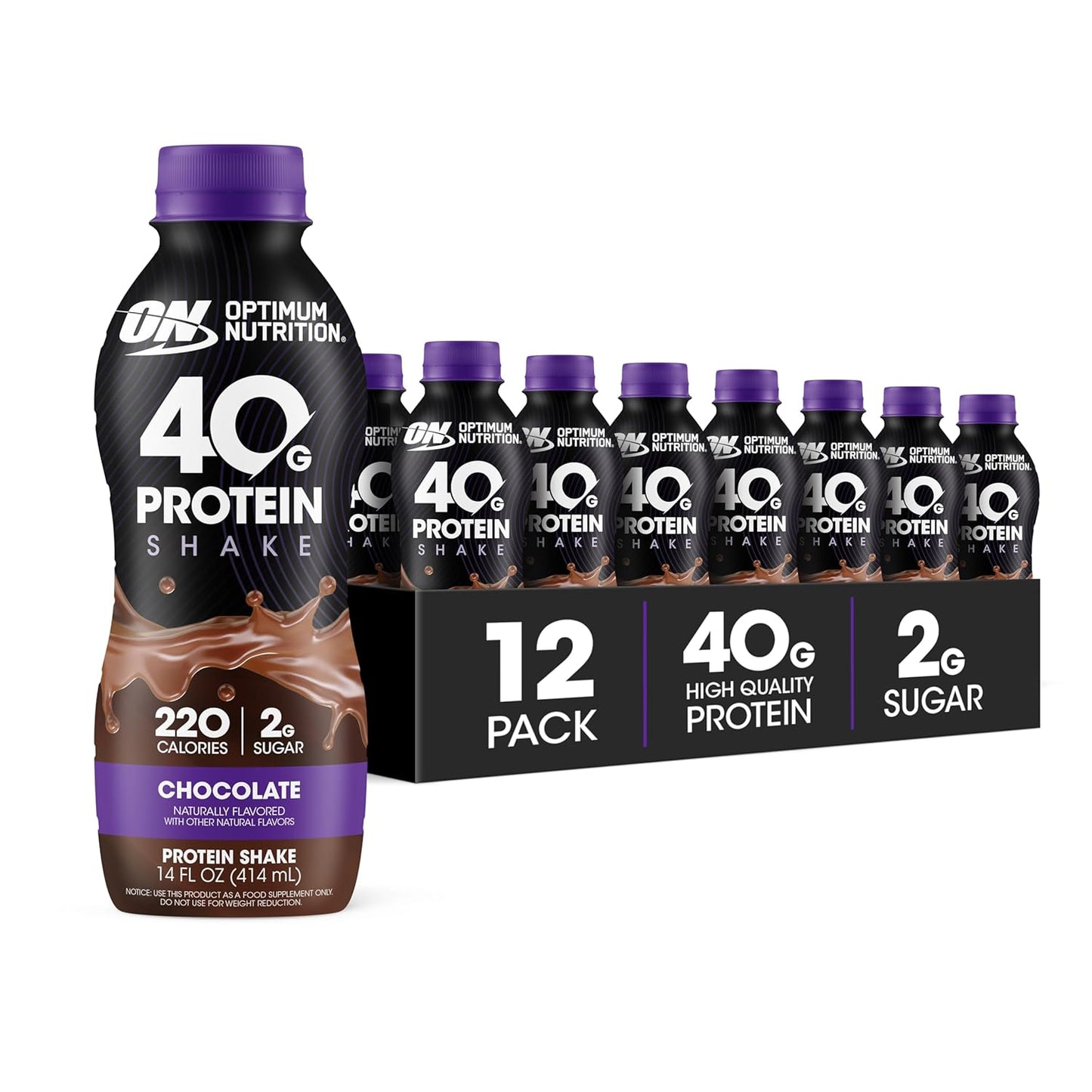 Optimum Nutrition 40g Protein Shake, Chocolate, 14 Fl Oz, 12 Ct | Naturally Flavored, On The Go Complete Protein Drink, Supports Muscle Recovery, 40g of Protein per Serving, Gluten Free