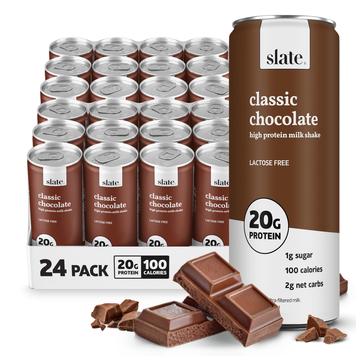 Slate Milk - High Protein Milk Shake - Core Variety Pack - Classic Chocolate, Dark Chocolate, French Vanilla - Lactose Free, 20g Protein, 1g Sugar, 100 Calories, 1-2g Net Carbs - 11 fl oz, 12 Cans