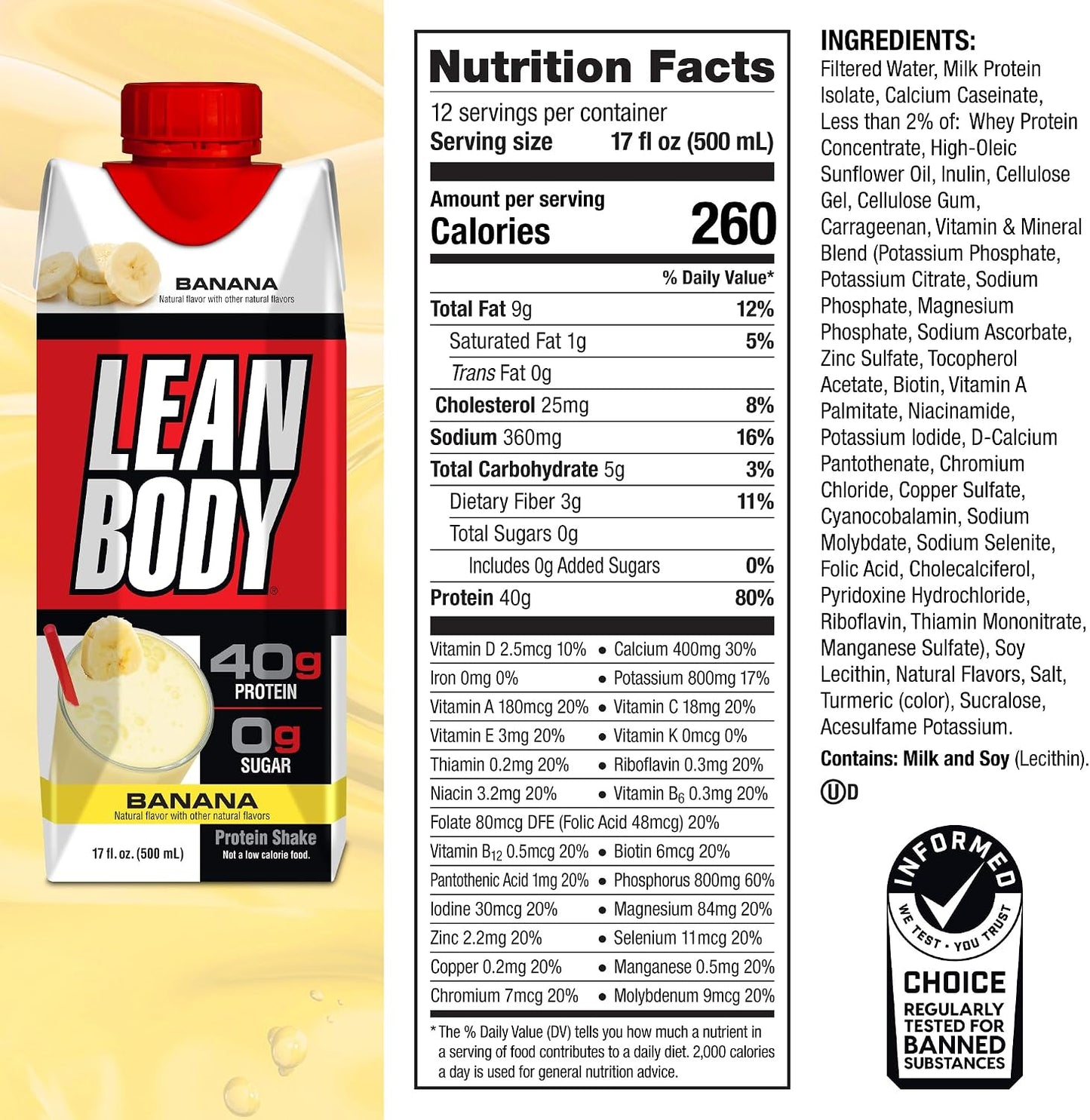 Labrada Lean Body Ready-to-Drink Banana Protein Shake,40g Protein,Whey Blend,0 Sugar,Gluten Free,22 Vitamins & Minerals,17 Ounce (Recyclable Carton & Lid - Pack of 12) LABRADA