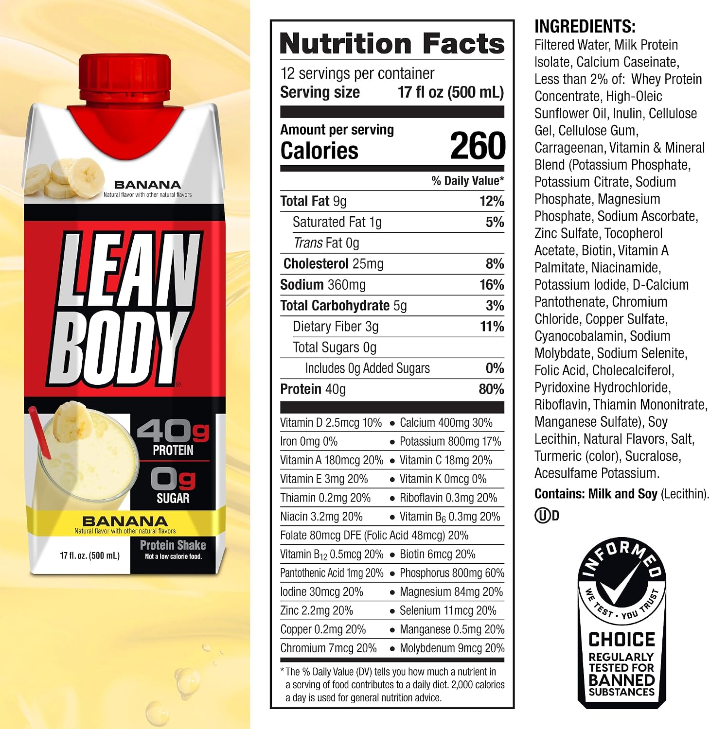 Labrada Lean Body Ready-to-Drink Banana Protein Shake,40g Protein,Whey Blend,0 Sugar,Gluten Free,22 Vitamins & Minerals,17 Ounce (Recyclable Carton & Lid - Pack of 12) LABRADA