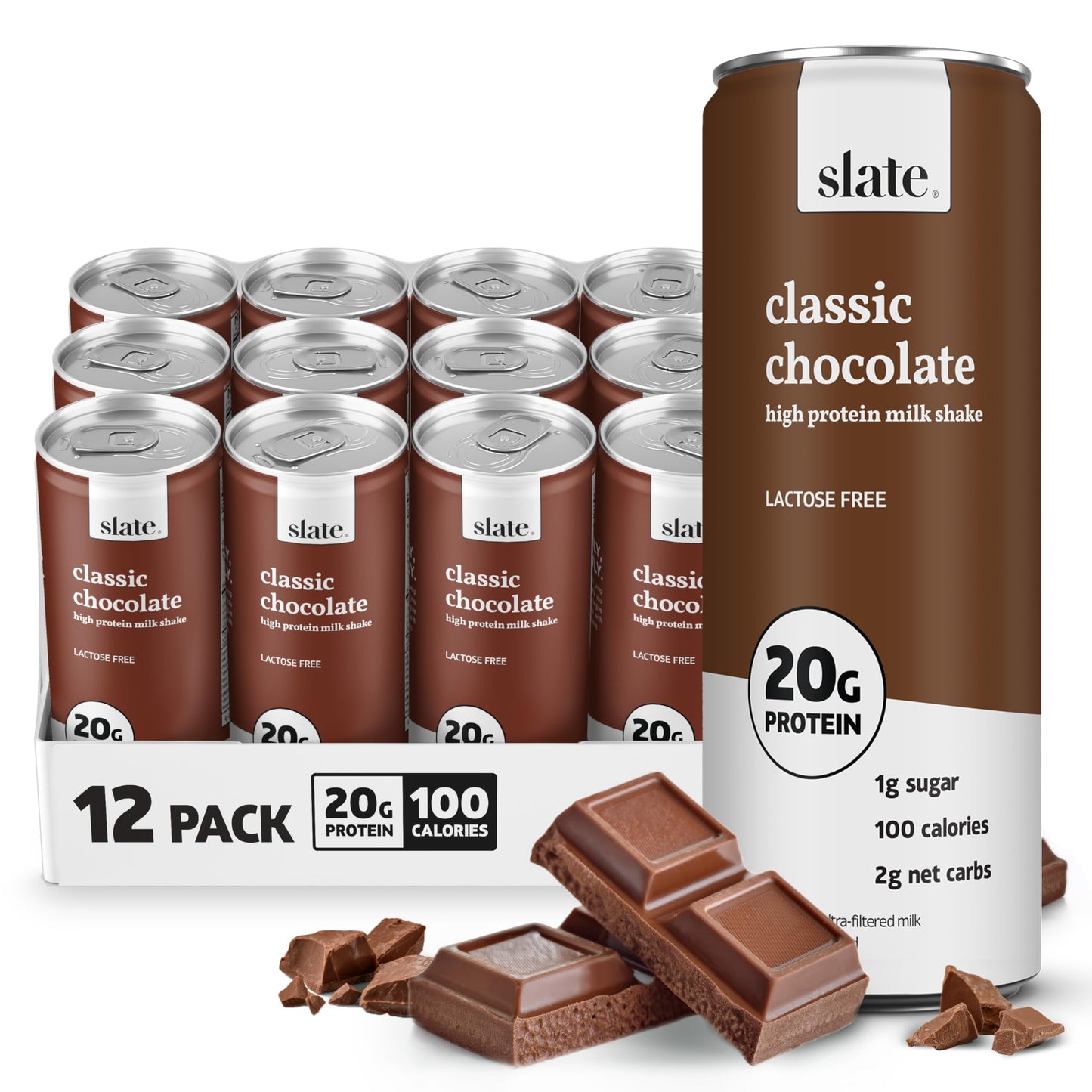 Slate Milk - High Protein Milk Shake - Core Variety Pack - Classic Chocolate, Dark Chocolate, French Vanilla - Lactose Free, 20g Protein, 1g Sugar, 100 Calories, 1-2g Net Carbs - 11 fl oz, 12 Cans