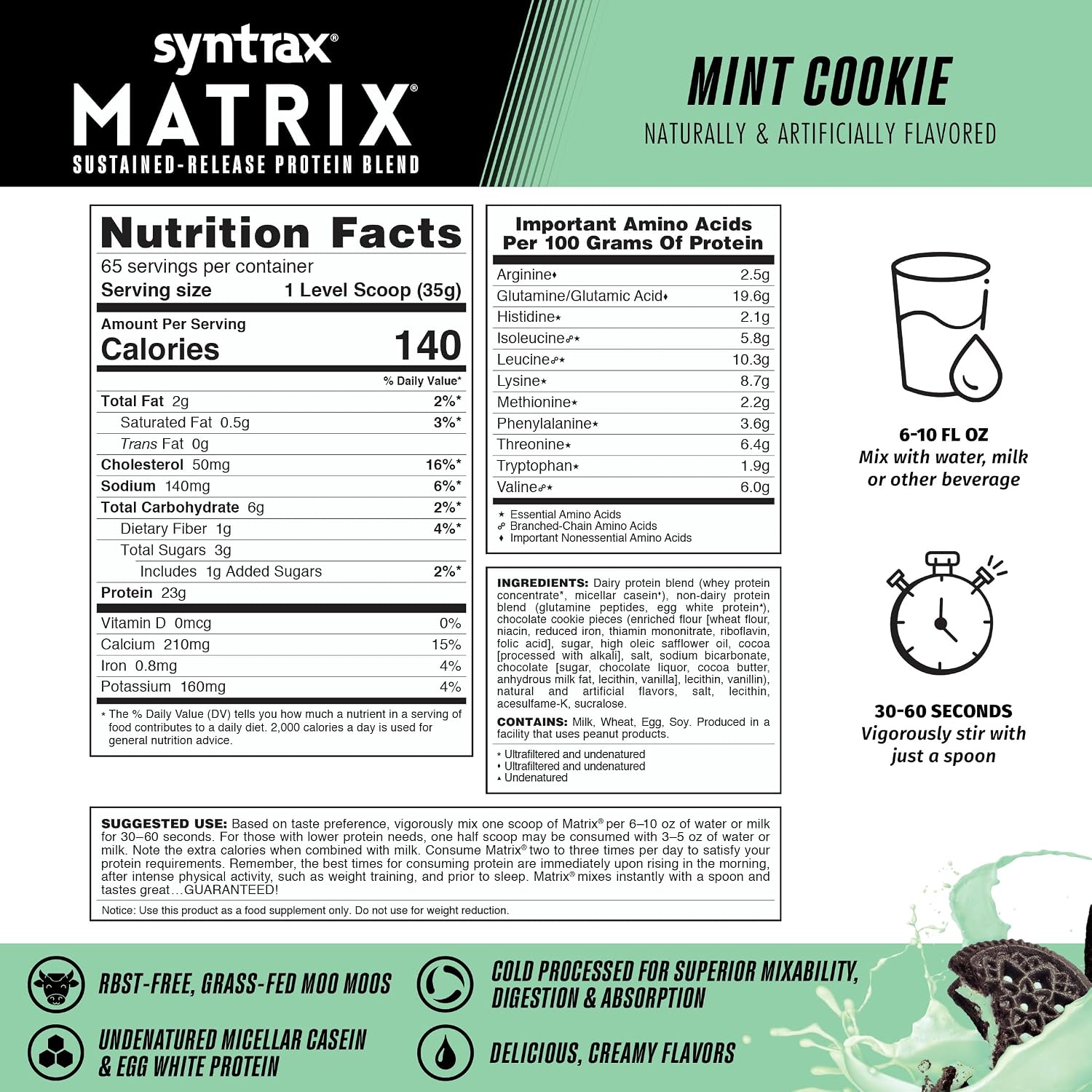 Syntrax Nutrition Matrix - Sustained-Release Protein Blend, Mint Cookie 5 lbs. Real Cookie Pieces | Whey Protein, Micellar Casein, Egg Albumin