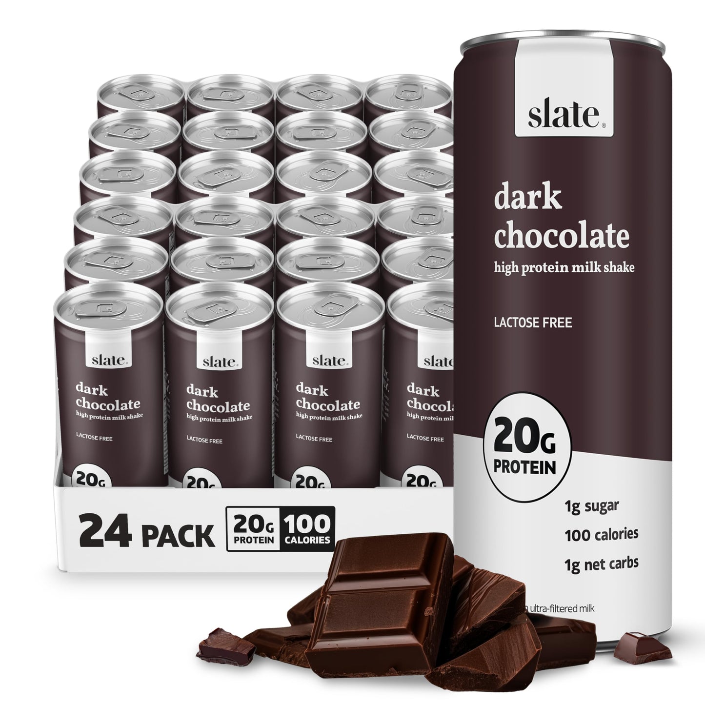Slate Milk - High Protein Milk Shake - Core Variety Pack - Classic Chocolate, Dark Chocolate, French Vanilla - Lactose Free, 20g Protein, 1g Sugar, 100 Calories, 1-2g Net Carbs - 11 fl oz, 12 Cans