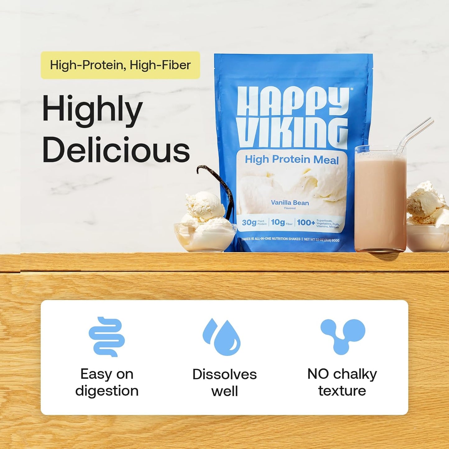 Happy Viking Plant-Based Vegan Protein Powder +100 Superfoods Vanilla Meal Replacement Shake, Created by Venus Williams, 30g Plant Protein, 10g Fiber,Gluten-Free, Non-GMO, 15 Meals